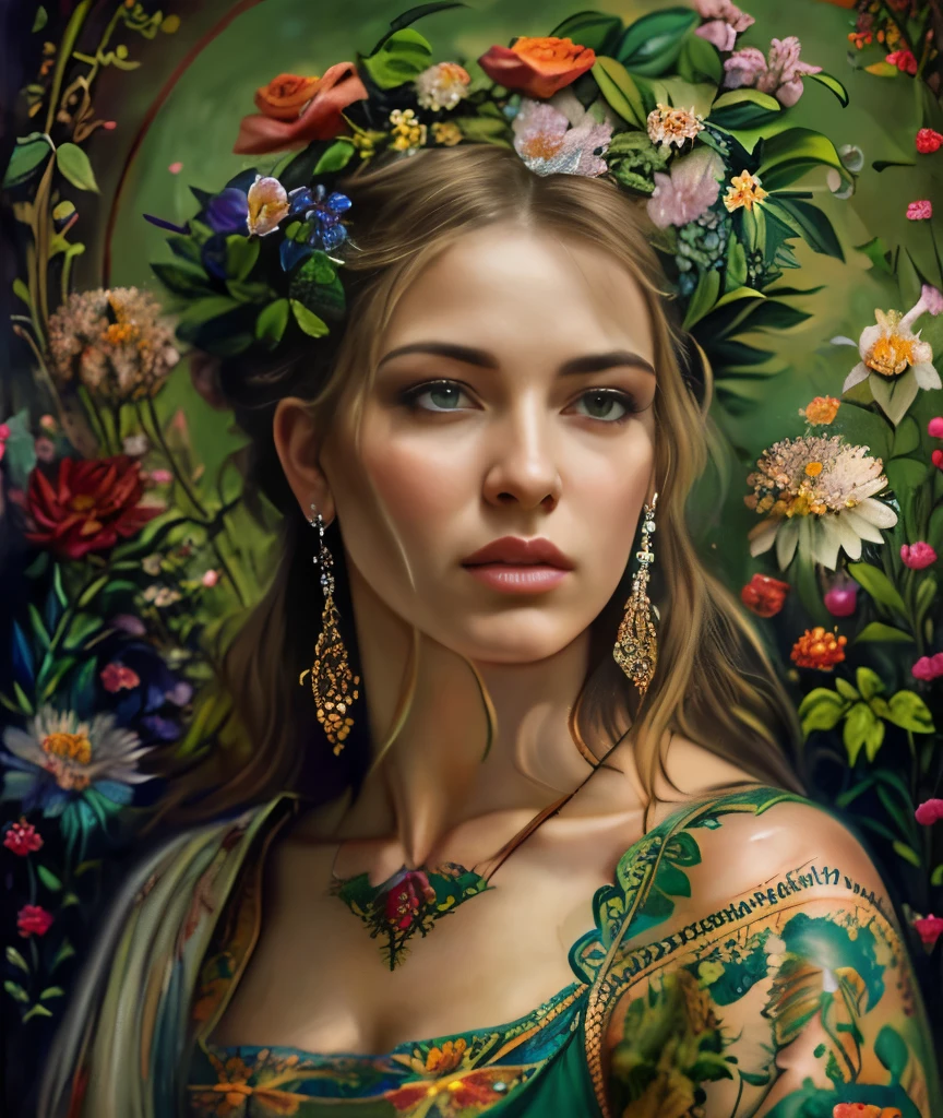 Masterpiece, upper body portrait, girl, tattoos, flowers, middle ages, traditional clothing, classicism, andrey atroshenko style, painting, traditional media, realistic, figurative, fine art, oil on canvas, HDR, 8K, original character, high resolution, high detail, focus on the face, intricate, flawless, girl and flowers are merging