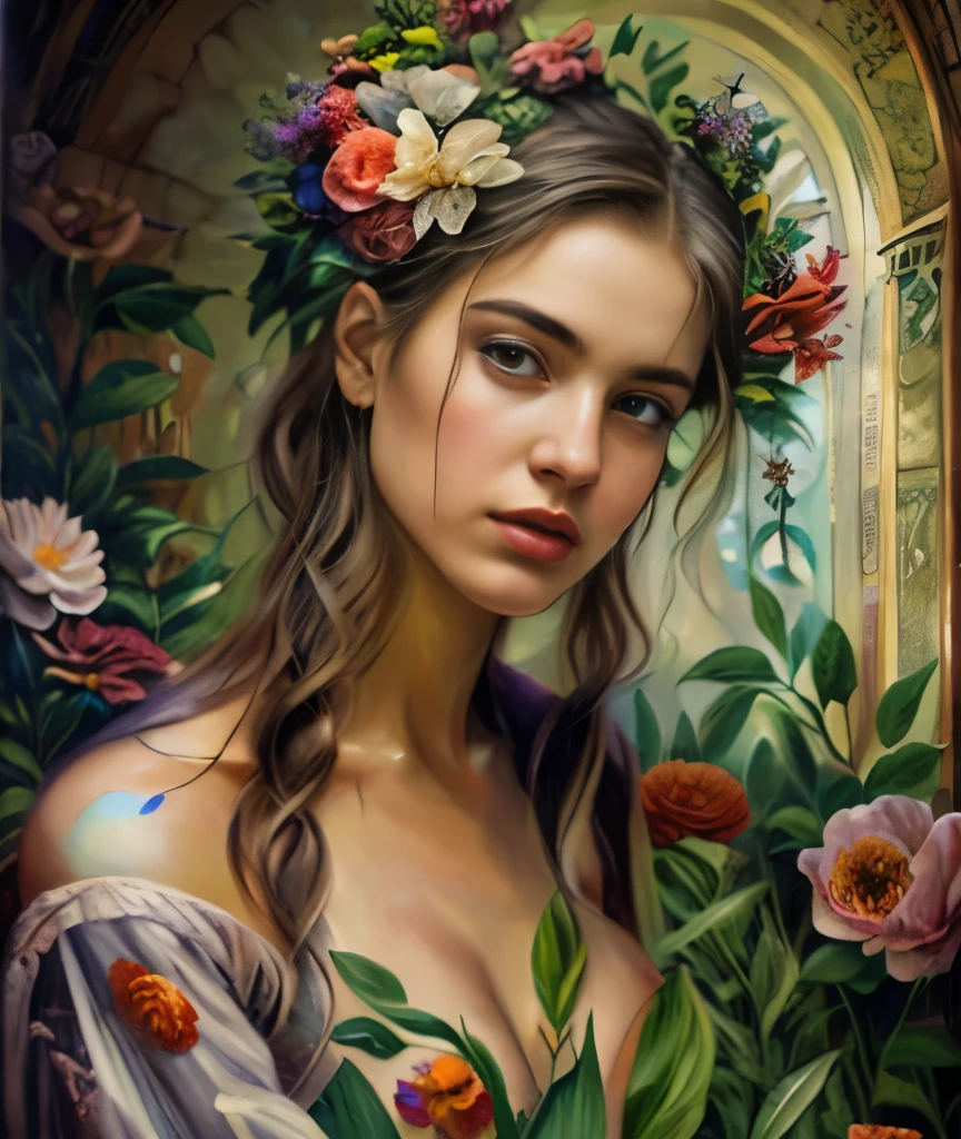 Masterpiece, upper body portrait, girl, tattoos, flowers, middle ages, traditional clothing, classicism, andrey atroshenko style, painting, traditional media, realistic, figurative, fine art, oil on canvas, HDR, 8K, original character, high resolution, high detail, focus on the face, intricate, flawless, girl and flowers are merging