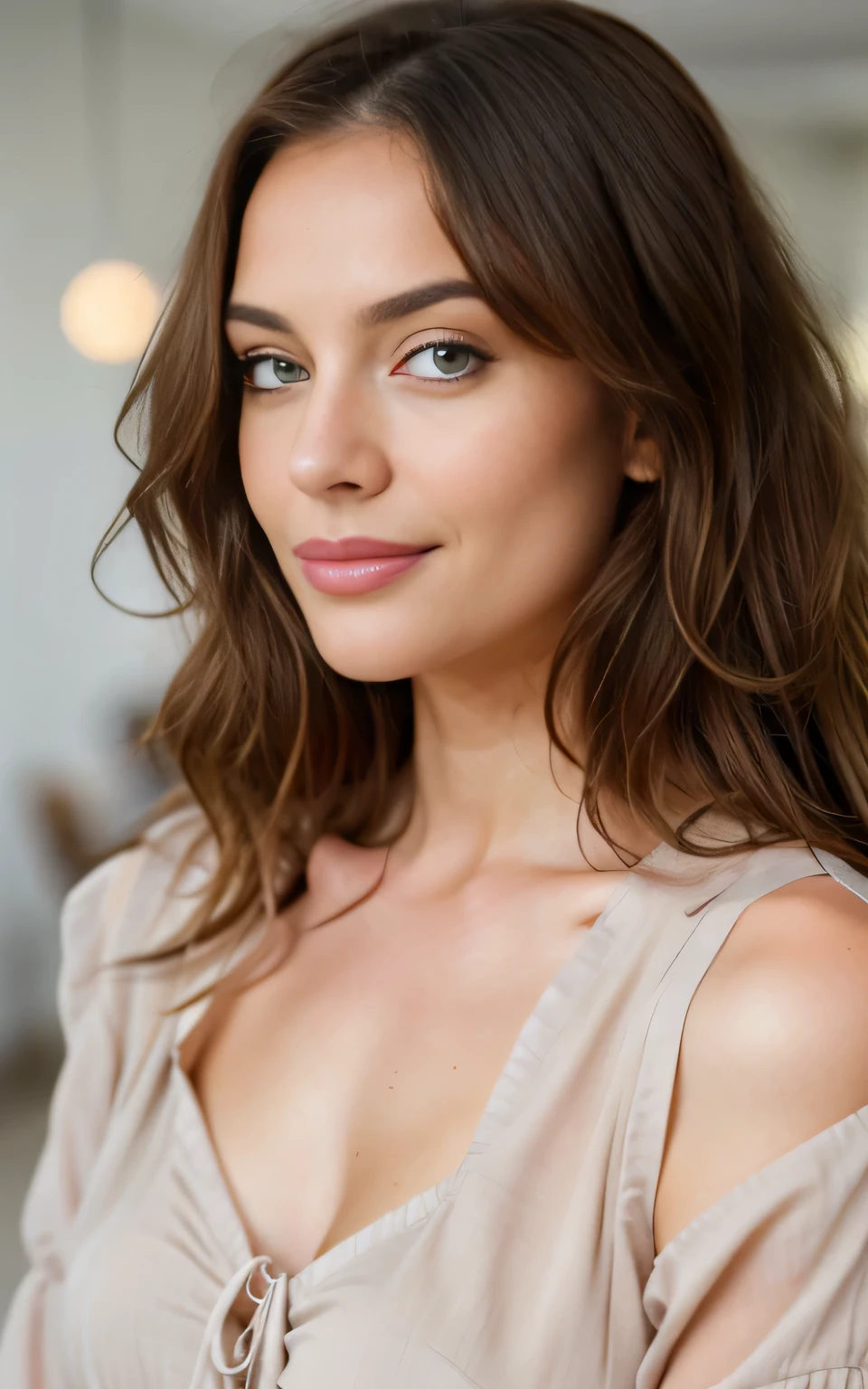 Belle brune wearing a light beige blouse (Engrossed in nail care at a modern beauty salon),
Very detailed, 23 years old, innocent face, natural wavy hair, blue eyes,
High resolution, Masterpiece, Best quality, intricate details, highly detailed,
Mise au point nette, detailed skin, realistic skin texture, texture,
Detailed eyes, professional, 4K, charming smile, filmed on Canon,
85 mm, shallow depth of field, Kodak Vision color, perfectly fitting body,
Extremely detailed, photorealistic, realistic, post-processing, maximum details,
Roughness, real life, ultra realistic