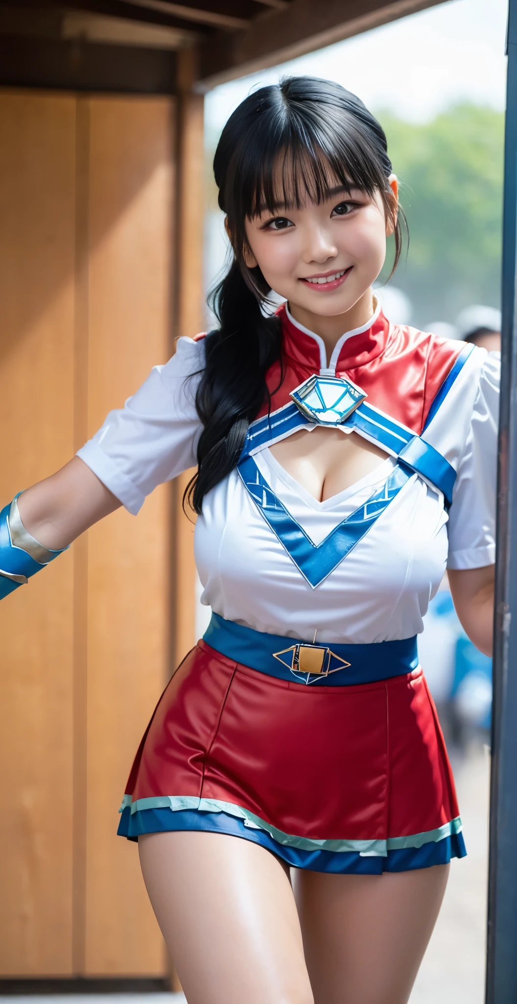 （8K、Raw photography、highest quality、masterpiece：1.2),(black haired:1.9),(Honeyfold twintail:1.4)、show viewer,Looking at the front,erotic,white skin,(She is wearing the costume of the beautiful girl warrior Blue Ranger.:1.8)、(Clothing that emphasizes the shape of your chest:1.5)、(big breasts:1.3)、slim body shape、ultra high resolution,beautiful,beautiful fece,(alone, alone、no background:1.9),whole bodyボディー,japanese woman,（Photoreal：1.37）、photon mapping,reality、(Cute with a baby face: 1.4)、(cute smile: 1.7)、(With a round face: 1.8)、radio city、Physically based rendering、depth of field rally background、photograph, (I can see your knees,close up of thighs、too short skirt:1.5),whole body、super fine