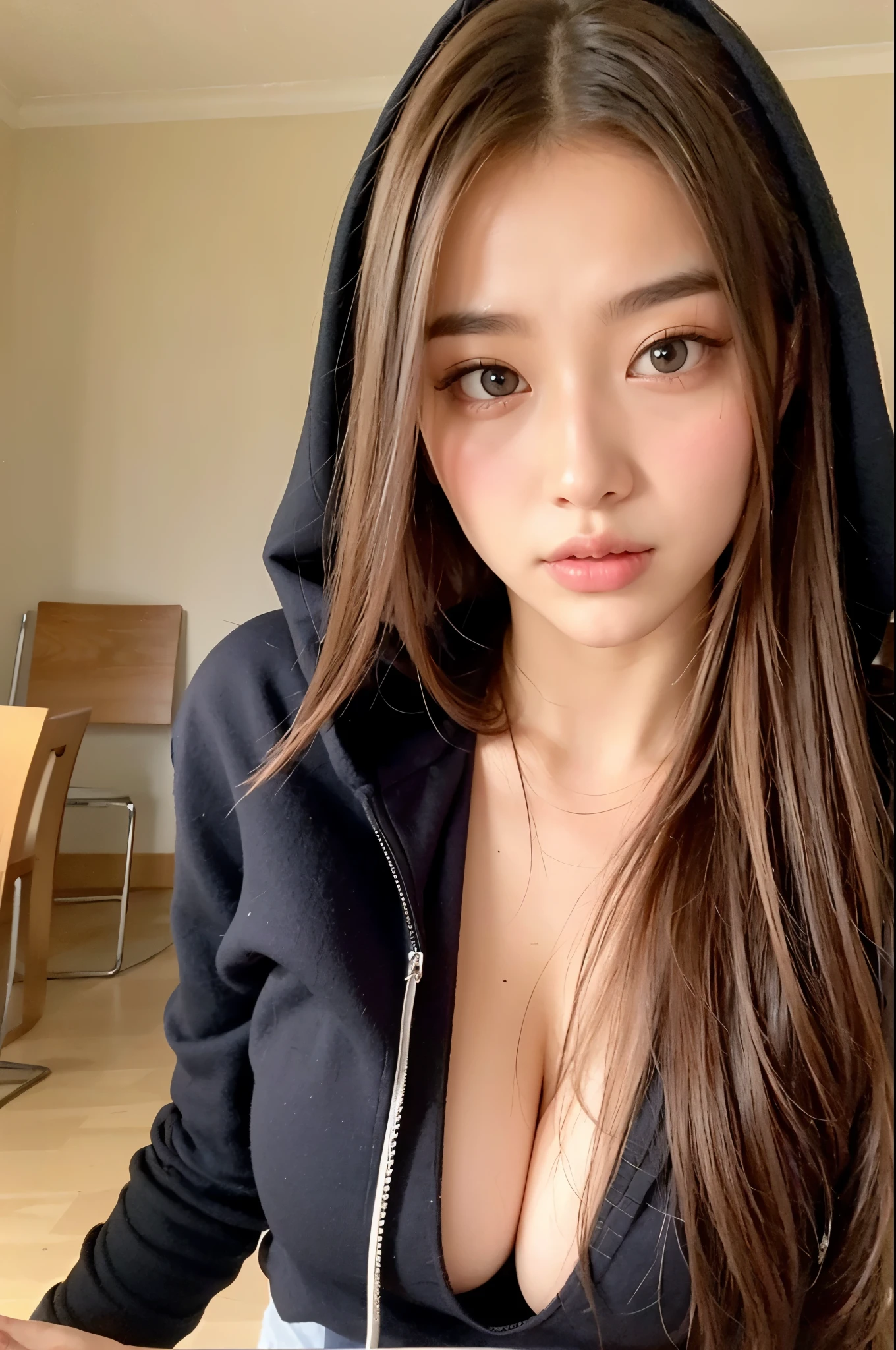  woman con una sudadera con capucha negra posing for a selfie, chica con sudadera con capucha, chica joven y linda, beautiful asian girl, 19 year old girl, con pelo largo y ojos penetrantes, con una sudadera con capucha negra, buena chica joven, preciosa cara delicada, hermoso rostro delicado, hermoso rostro estetico, preciosa modelo, hermosa mujer surcoreana, hermosa joven coreana, hermoso rostro femenino, Cara extremadamente hermosa, hermosa joven coreana, asian beautiful face, my demon, actriz Kim Yoojung, Kim Yoo-jeong