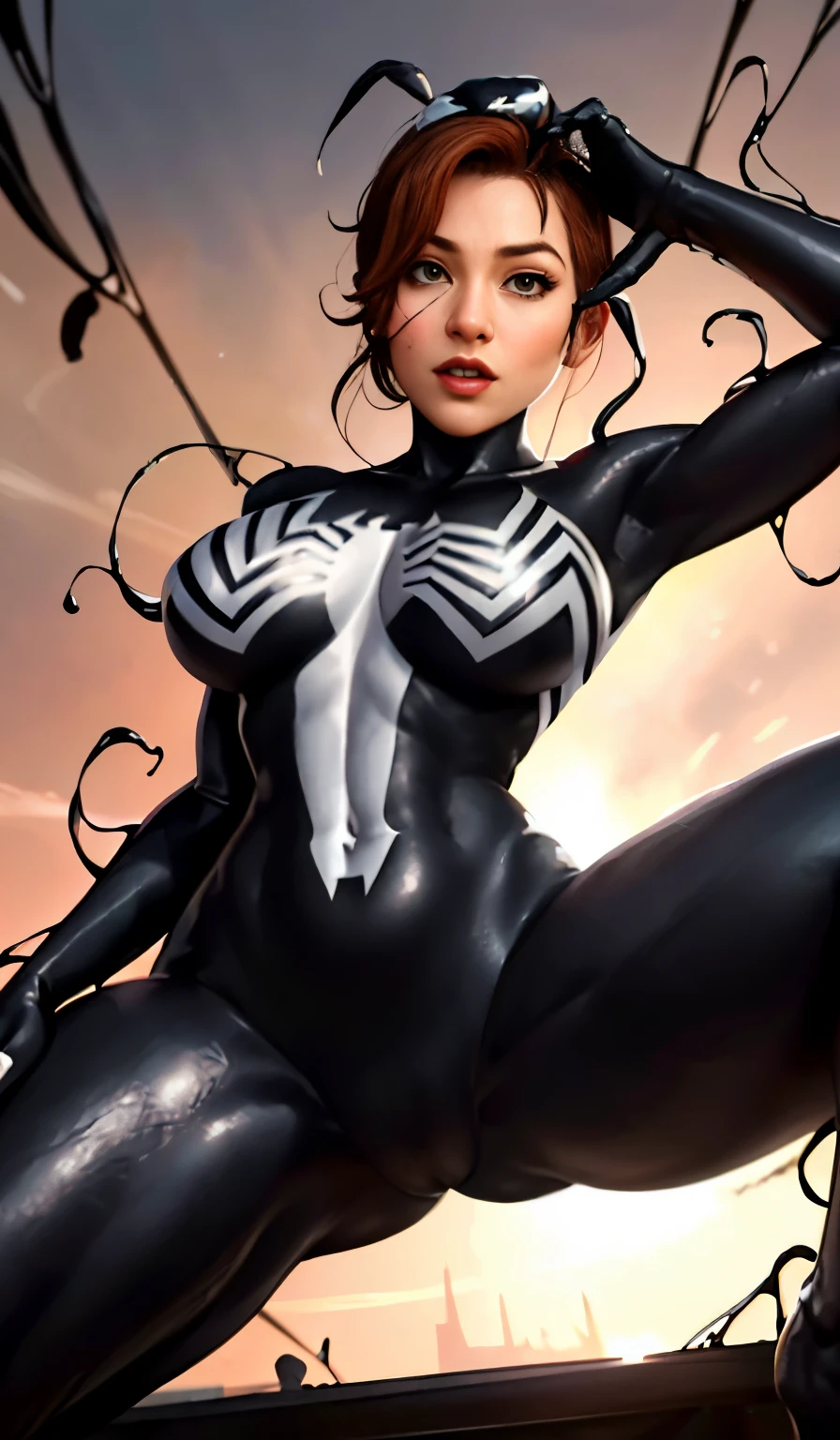 4K,realisticlying,Glamorous,The very detailed,There a girl in Dingcheng,Wearing a black Spider-Man costume,(Black and white:1.4) the night,symbiote,venomize,a large amount of mucus,she a spiderman,Black superhero theme,In front of the sky,Flushed complexion,( Open legs, camel-toe,, Vulvar shape:1.3),(GGCameltoe:1.3)Legs apart,25 age old,full bodyesbian