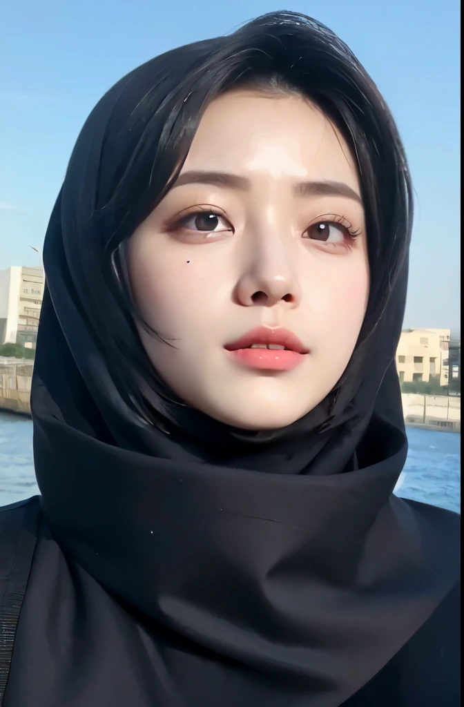 Wear hijab blue collor, ((Best quality, 8k, Masterpiece :1.37)), (three women in hijab), multiple people , three women in hijab blue, position:standing, style model, (three women in hijab), beautiful face, Beautiful detailed eyes, Korean eyes, nose detail, Natural Lips, 18 year old girl, black hair, very detailed face, ultra detailed body, slim body, smiling lips, detailed big breasts, detailed hairy vagina, Wearing Muslim hijab , luxurious jubba thobbe, blue sky view, slim body, realistic face, three women wearing hijabs