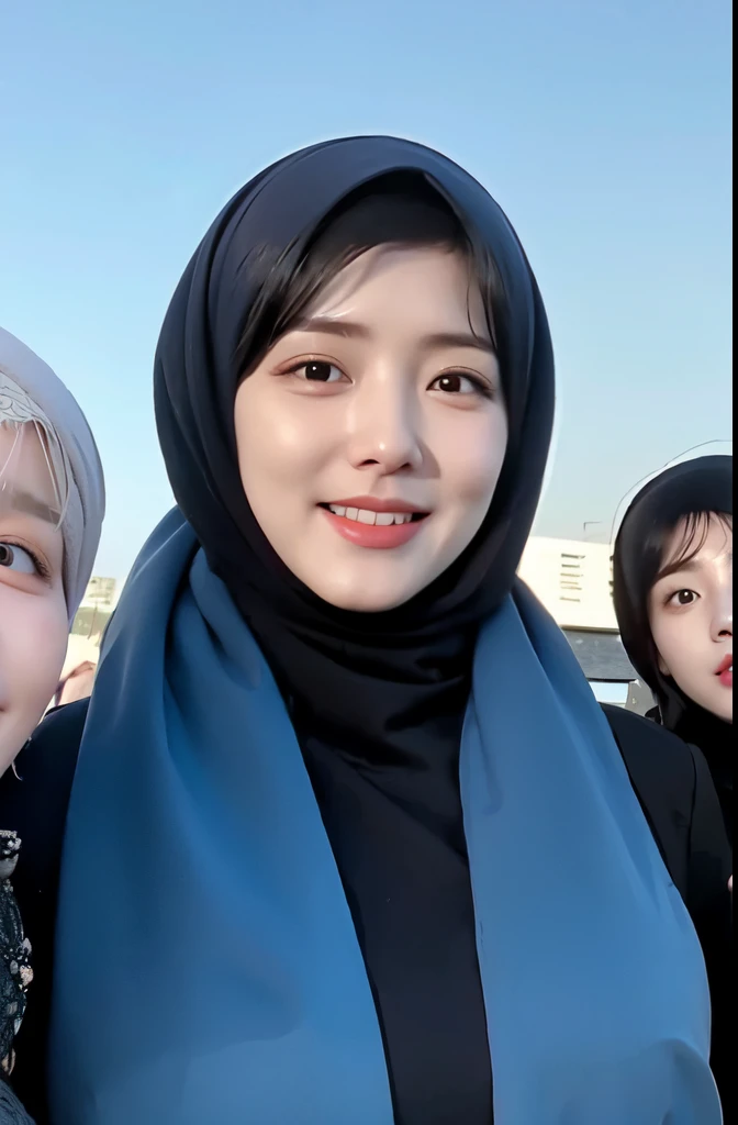 Wear hijab blue collor, ((Best quality, 8k, Masterpiece :1.37)), (three women in hijab), multiple people , three women in hijab blue, position:standing, style model, (three women in hijab), beautiful face, Beautiful detailed eyes, Korean eyes, nose detail, Natural Lips, 18 year old girl, black hair, very detailed face, ultra detailed body, slim body, smiling lips, detailed big breasts, detailed hairy vagina, Wearing Muslim hijab , luxurious jubba thobbe, blue sky view, slim body, realistic face, three women wearing hijabs