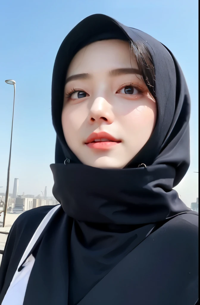 Wear hijab blue collor, ((Best quality, 8k, Masterpiece :1.37)), (three women in hijab), multiple people , three women in hijab blue, position:standing, style model, (three women in hijab), beautiful face, Beautiful detailed eyes, Korean eyes, nose detail, Natural Lips, 18 year old girl, black hair, very detailed face, ultra detailed body, slim body, smiling lips, detailed big breasts, detailed hairy vagina, Wearing Muslim hijab , luxurious jubba thobbe, blue sky view, slim body, realistic face, three women wearing hijabs