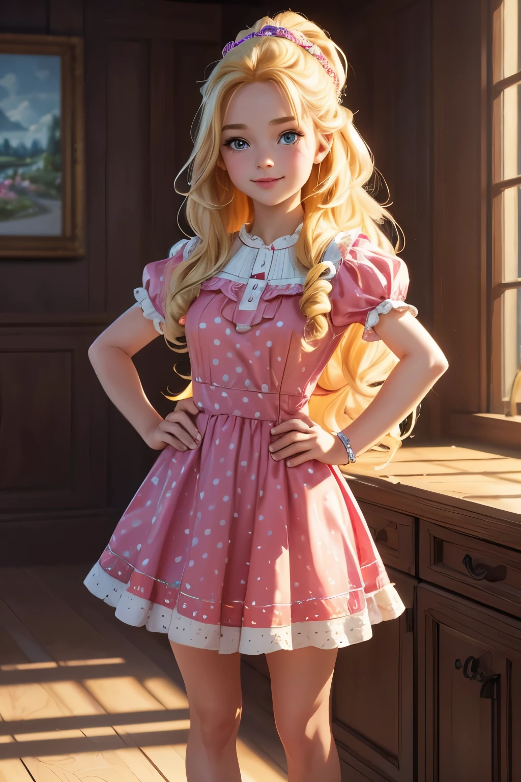 (Best quality,4K,8K,a high resolution,masterpiece:1.2),ultra detailed,HDR,UHD,Studio lighting,ultra-fine painting,Sharp Focus,Physical rendering,professional, bright colors,  little cheerful cartoon princess in Pixar style with long blond hair,  standing upright in a polka dot dress.