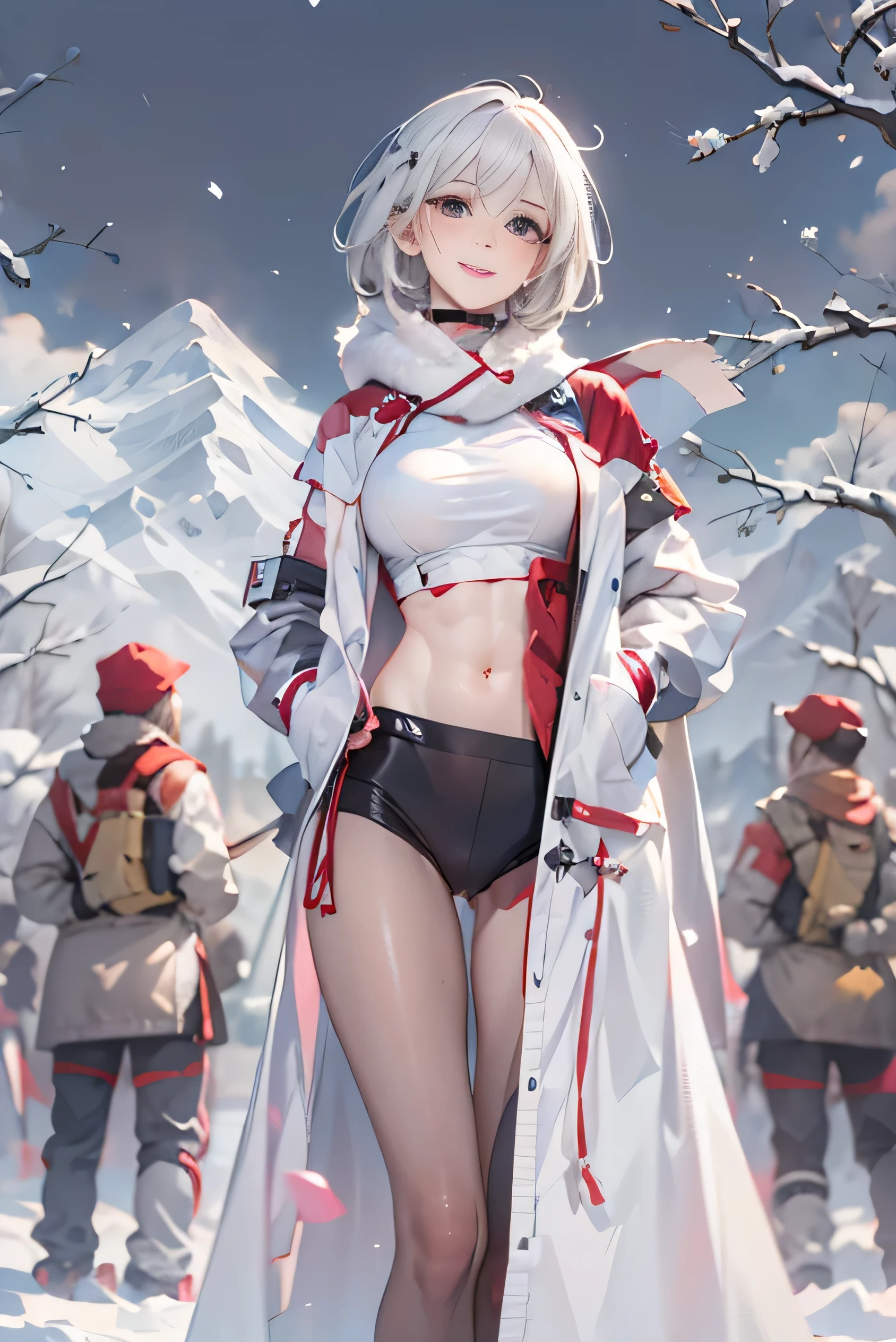 (photorealistic:1.5, highest quality,masterpiece,High resolution,muste piece),snow mountainに立つ1人の23歳の女性,(Red string bikini swimsuit:1.5,sunglasses:1.5,Down jacket:1.3,Choka), beautiful skin, (looking at the camera:1.2),(Photo seen from the front bottom:1.3),(Short Hair:1.2,bright platinum hair:1.5), expression( Gleeful:1.3,blushing:1.3),Pause( standing, Seductive pose:1.5),background(snow mountain:1.5,Forest),(slender, abs:1.2), (Underwear visible through clothing),(Butt visible through clothes),(detailed perfect face),normal hands:1.5,normal finger:1:5,normal feet:1.5,(cameltoe)