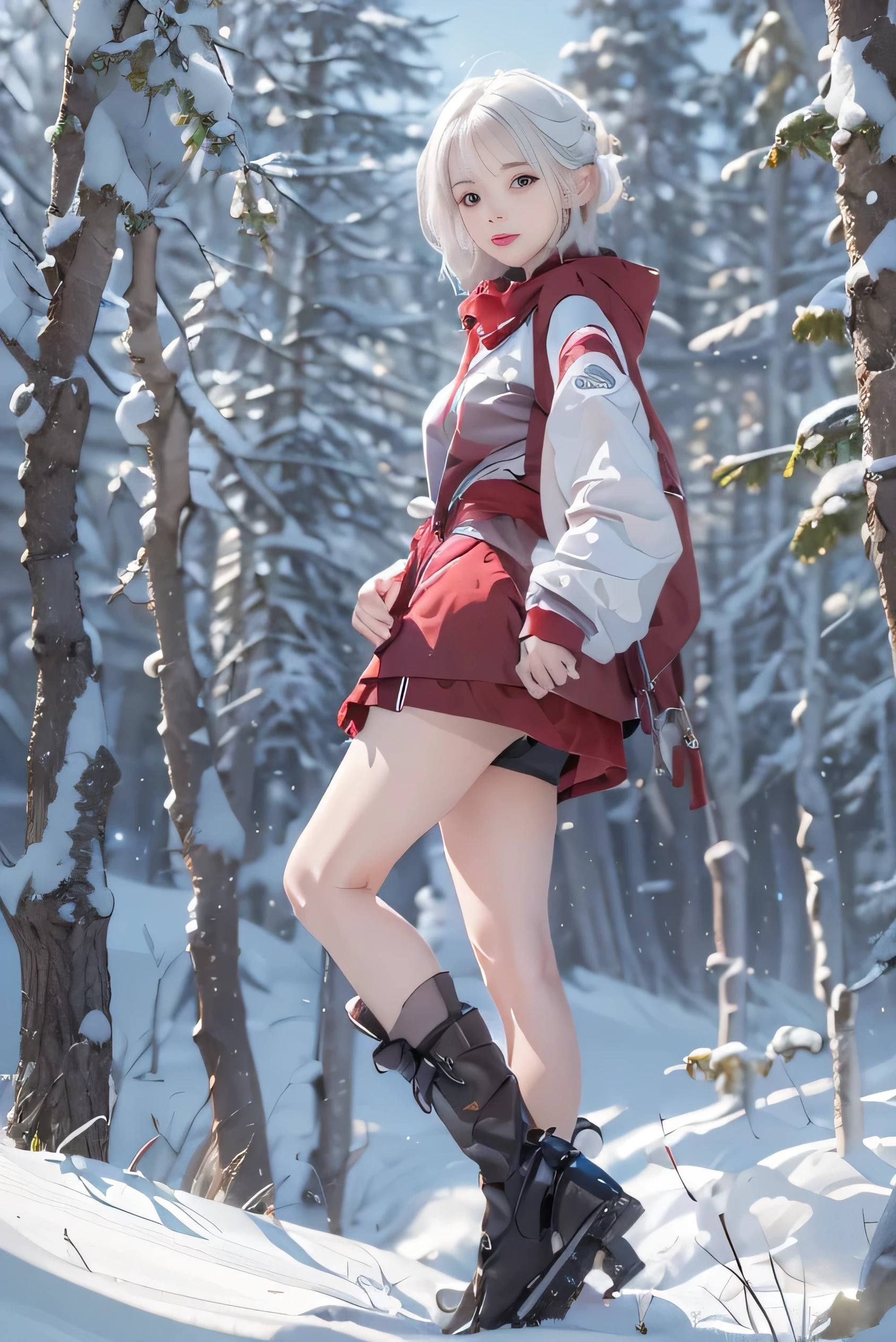 (photorealistic:1.5, highest quality,masterpiece,High resolution,muste piece),(sony a7, 35mm lens, f1.8, film gain),snow mountainに立つ1人の23歳の女性,(Red high-leg retard:1.5,Down jacket:1.3,choker), detailed eyes:1.7,detailed eyes:1.8,beautiful skin:1.8, (looking at the camera:1.2),(A photo seen from the bottom of the back:1.3),(Short Hair:1.2,bright platinum hair:1.5), expression( Impish Smile:1.3,blushing:1.3),Pause( Seductive pose:1.5),background(snow mountain:1.5,Forest),(slender, abs:1.2), (Underwear visible through clothing),(Butt visible through clothes),(detailed perfect face),normal hands:1.5,normal finger:1:5,normal feet:1.5,(cameltoe)