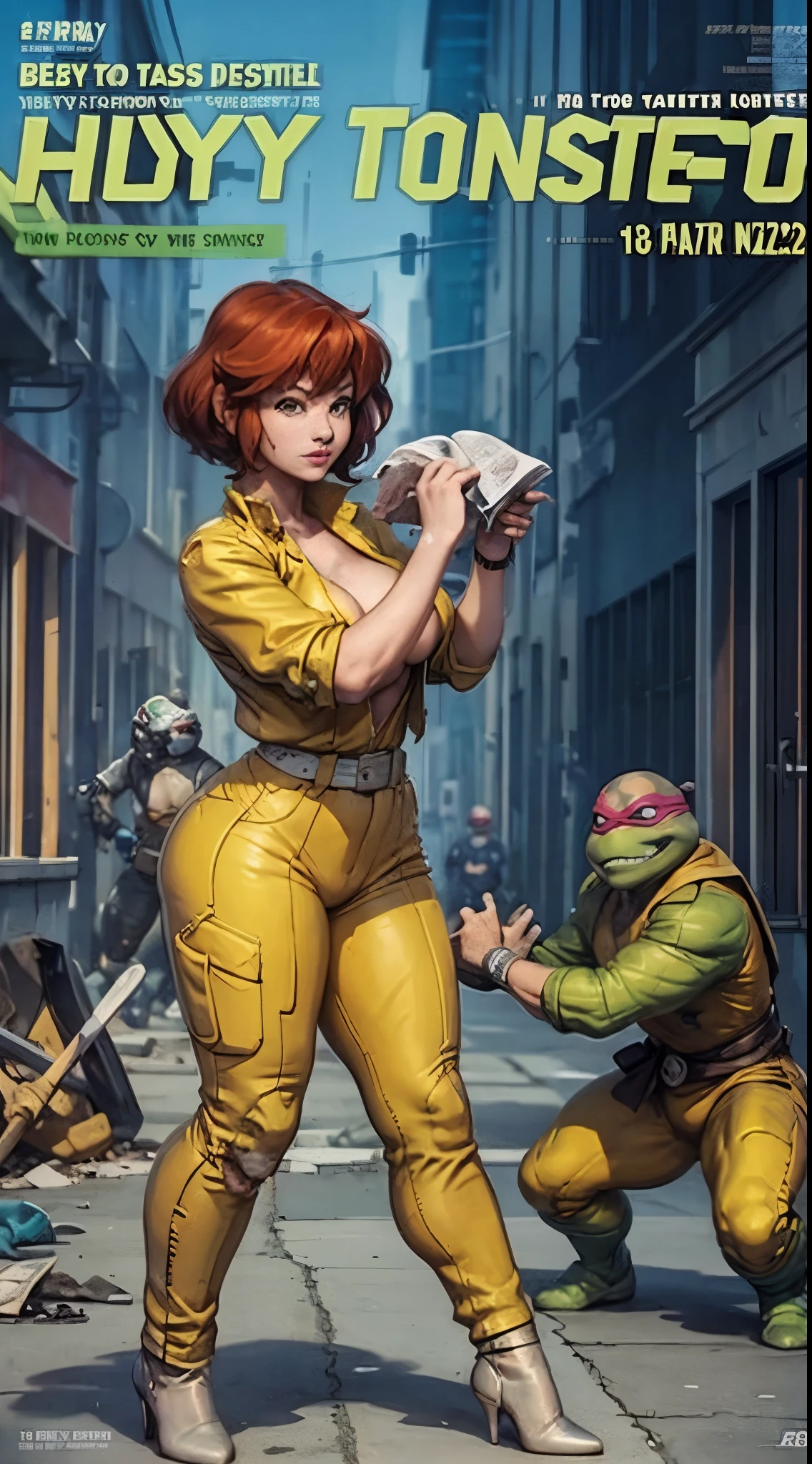 masterpiece, (1girl), extremely detailed female character, full body shot, best quality, dnd, dungeons and dragons, (april oneil, tmnt), (small, cute, tiny, thick, athletic), (aprnil, a woman in yellow jumpsuit, short red hair, cutout), (tenage mutant ninja turtles), (magazine title, text), (magazine:1.3), modern era, 80s clothes, anime style, (destroyed town background, shy, closed pose:1.5),enemies around, mecha, (nsfw:0.75)