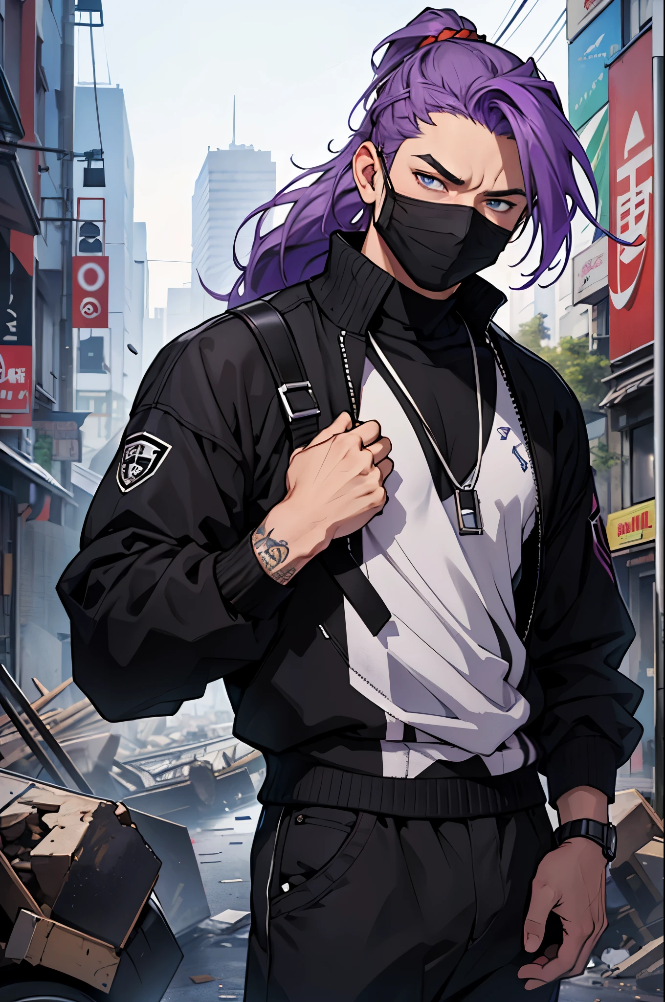 The guy with purple hair. It stands, looking in the unknown direction, his clothing style is quite unusual, reminiscent of street style, but cooler. He's waiting for something, maybe friends, or just resting. His hairstyle is a ponytail, and a few curls fall on your face. ((His face is hidden by a black mask)), and the eyes are narrowed. (full height). ((Against the backdrop of destruction)), ((the city is practically destroyed))
