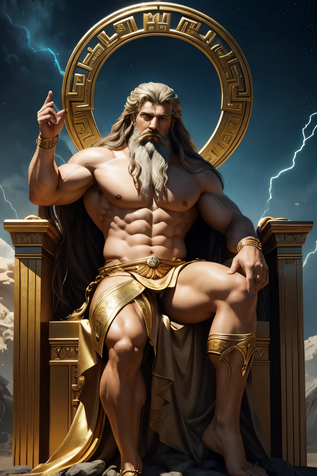 A divine and mighty depiction of Zeus, the king of gods, a 700-year-old Greek deity with majestic beard and long, flowing locks. He is portrayed in a pose of power, with a thunderbolt in hand,Muscular physique, olympic god, mythology,seated on throne, gold aura,realistic,stylized,i FEELING OLD,Majestic,epic,High definition,3D rendering,By Boris Vallejo,Madeleine Rosse,Alejandro Giorgetti,Gustav Doré,8k,Style: Fantasy Art, God of sky and thunder,Icon