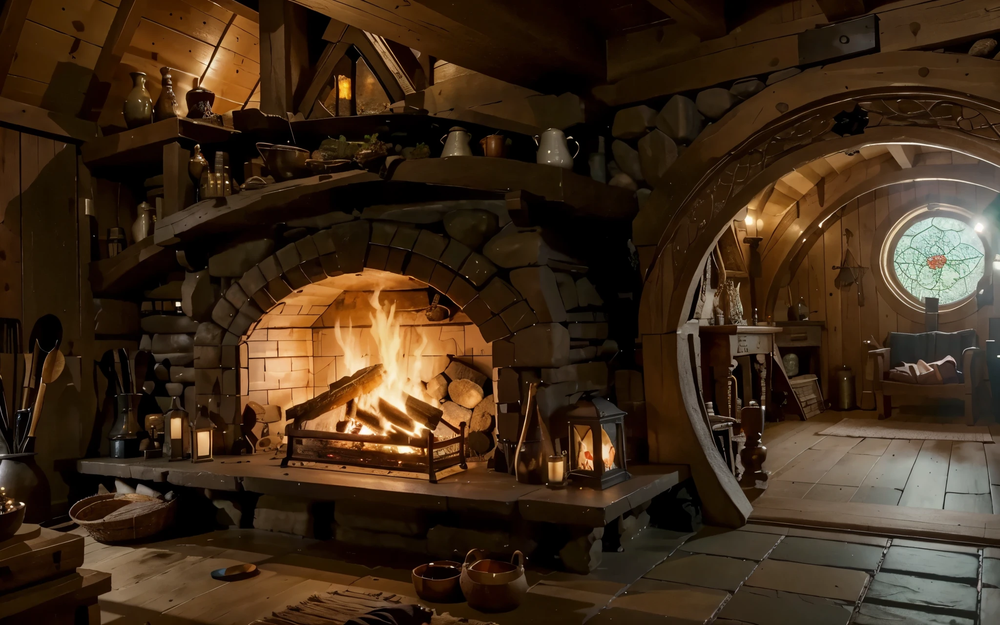 large fireplace at hobbit wooden house. A room full of objects, and at the end, a pretty stained glass, a room of detailed objects