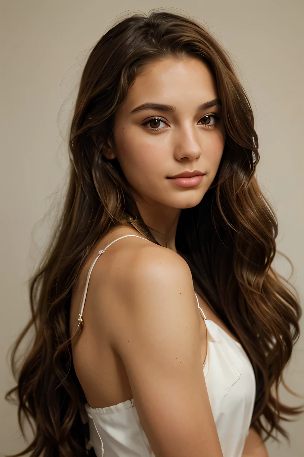 portrait of a beautful girl, long wavy brown hair,  brown eyes, elegant side