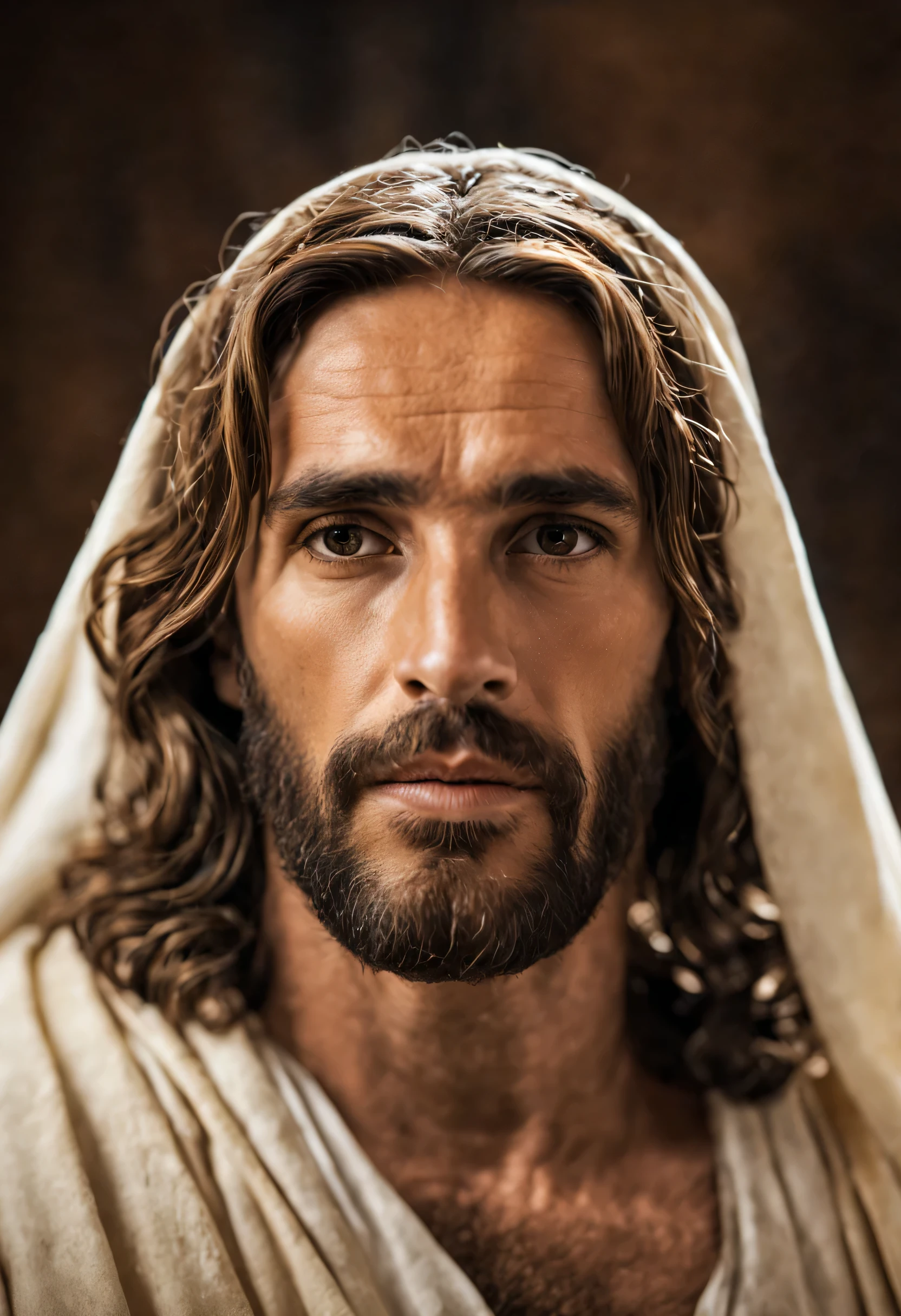 Real image of heavenly biblical Jesus Christ looking at camera., lugar de madera con luz cenital. alta calidad, 9:16