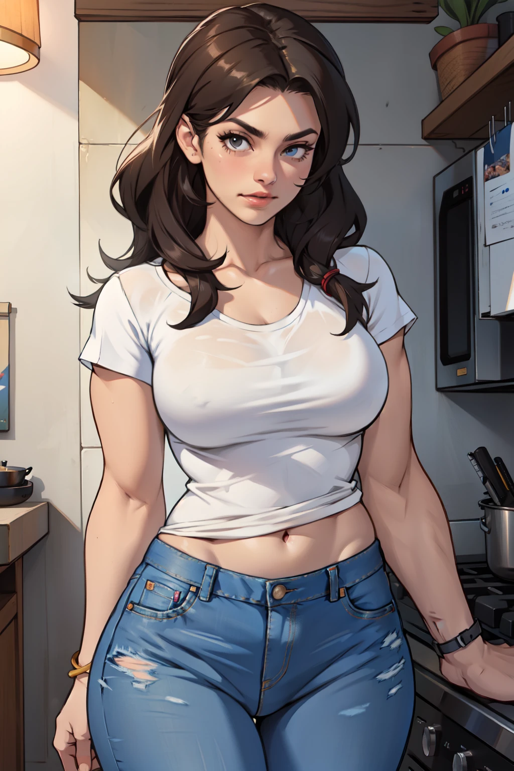 Mulher alta, musculosa, tight jeans, blusa, na cozinha