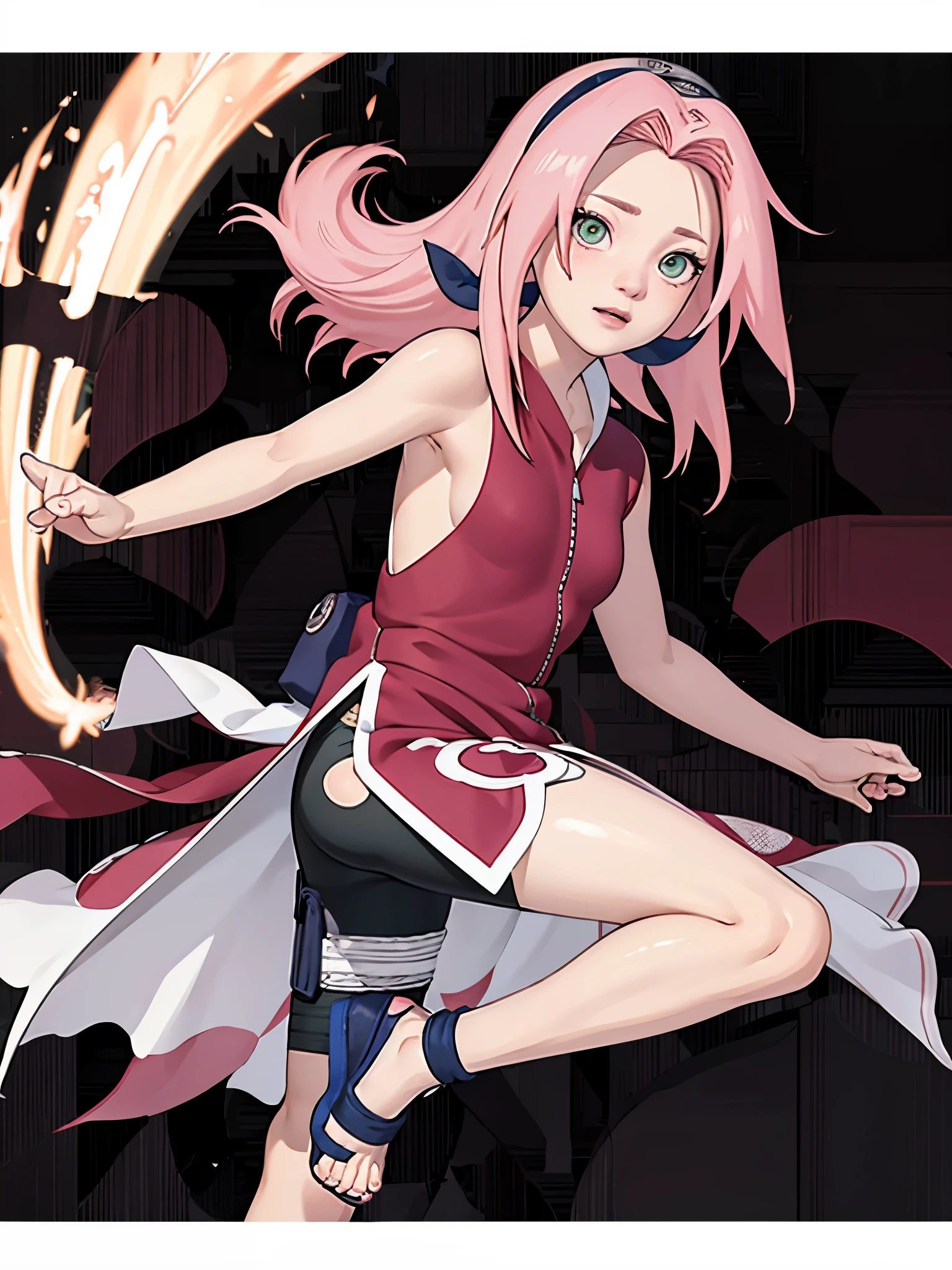 ((best quality)), ((masterpiece)), (detailed), perfect face, Perfect body, perfect anatomy, 1girl, sakura haruno, sakura only wearing tight short, black tight shorts, short pant, transparent pant, pink hair, long hair, green eyes, bare chest, sakura topless, sakura ass, sexy pose,  bottom, full body, realistic, high detail, high quality image, 8k