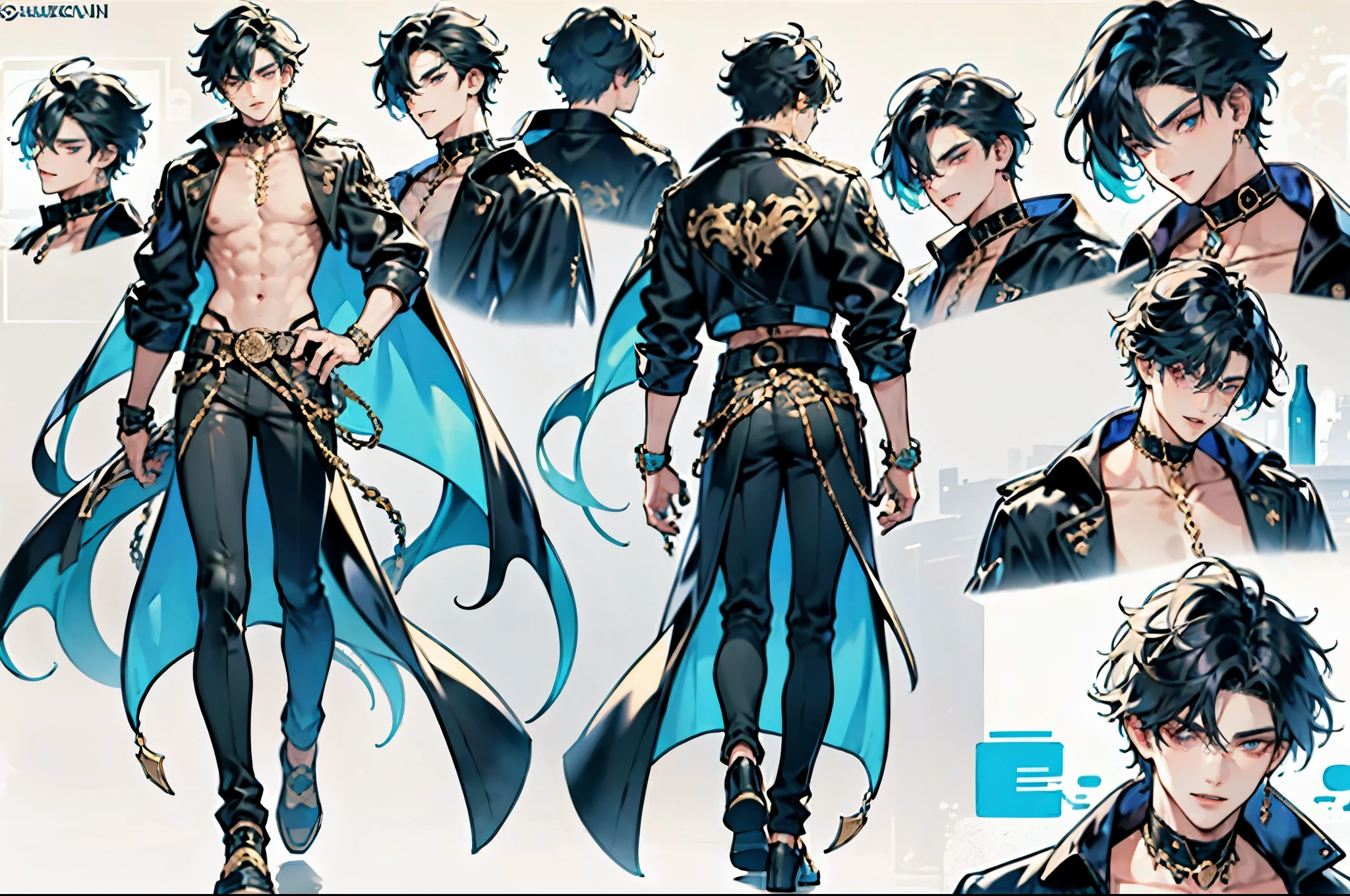 ((Masterpiece, Highest quality)), Male, boy, Detailed face, character design sheet,full body esbian, Full of details, frontal body view, back body view, Highly detailed, Depth, Many parts, Muscle boy with blue hair,handsome man, vampire outfit clothes, Genshin Impact, man tall, pectoral muscles, (Male characters:1.2),(Boy:1.2), ((Character design)),(Different expressions for the same character:0.8),Pubic area is clear,hyper HD, Exquisite, thin gold chains on trousers,detailed face, super detailed face, high quality, extremely detailed,