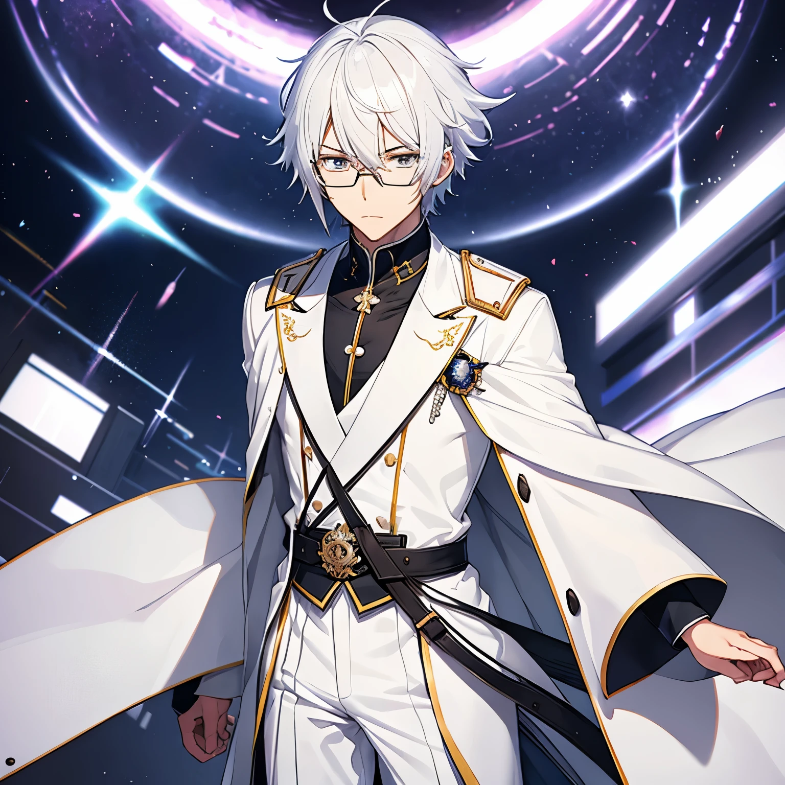 (Kunstwerk), Man in white uniform, Exceptional quality, detaillierte japanische Anime-Illustration, elegante Optik, Zeichnen im Anime-Stil, futuristisch, silber-graues Haar, leuchtende graue Augen mit bernsteinfarbenen Tupfen, white coat, Pistole, Sturm, Blitze, farbenfrohe und animierte Charaktere.