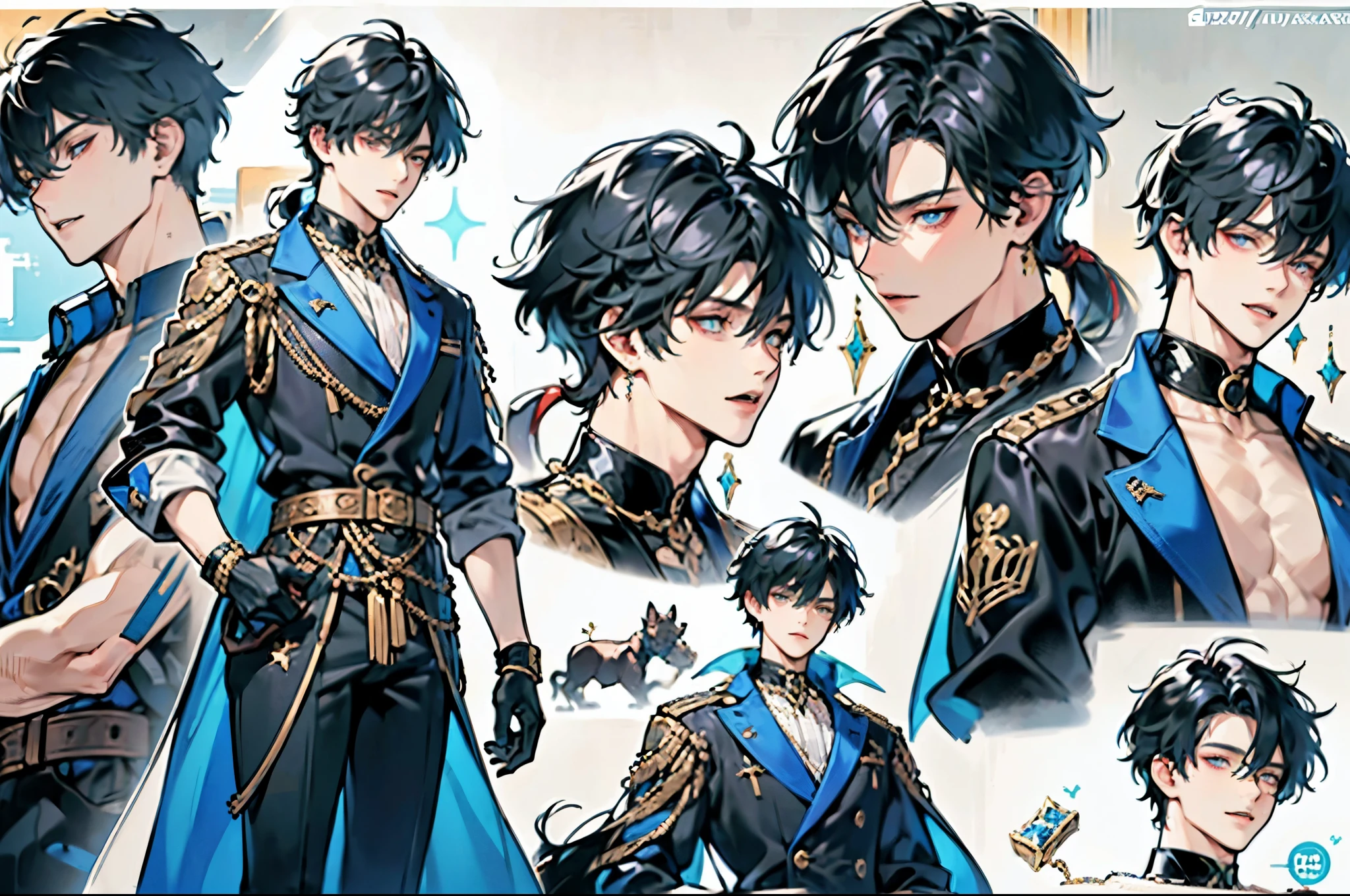 ((Masterpiece, Highest quality)), Male, boy, Detailed face, character design sheet,full body esbian, Full of details, frontal body view, back body view, Highly detailed, Depth, Many parts, Muscle boy with blue hair,handsome man, vampire outfit clothes, Genshin Impact, man tall, pectoral muscles, (Male characters:1.2),(Boy:1.2), ((Character design)),(Different expressions for the same character:0.8),Pubic area is clear,hyper HD, Exquisite, thin gold chains on trousers,detailed face, super detailed face, high quality, extremely detailed,