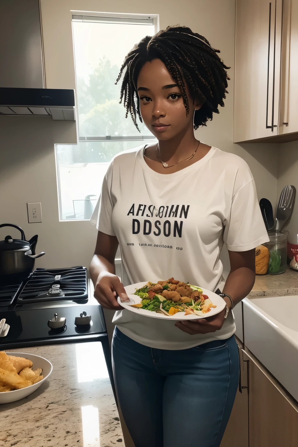 African American female, medium complexion, with a sprinkle of freckles. Standing at 5'8, https://image.cdn2.seaart.ai/2024-02-03/cmv327te878c73e1qsl0/db495e33023cac2d7aa62adc0c8d72779794008c_high.webp preparing food in the kitchen