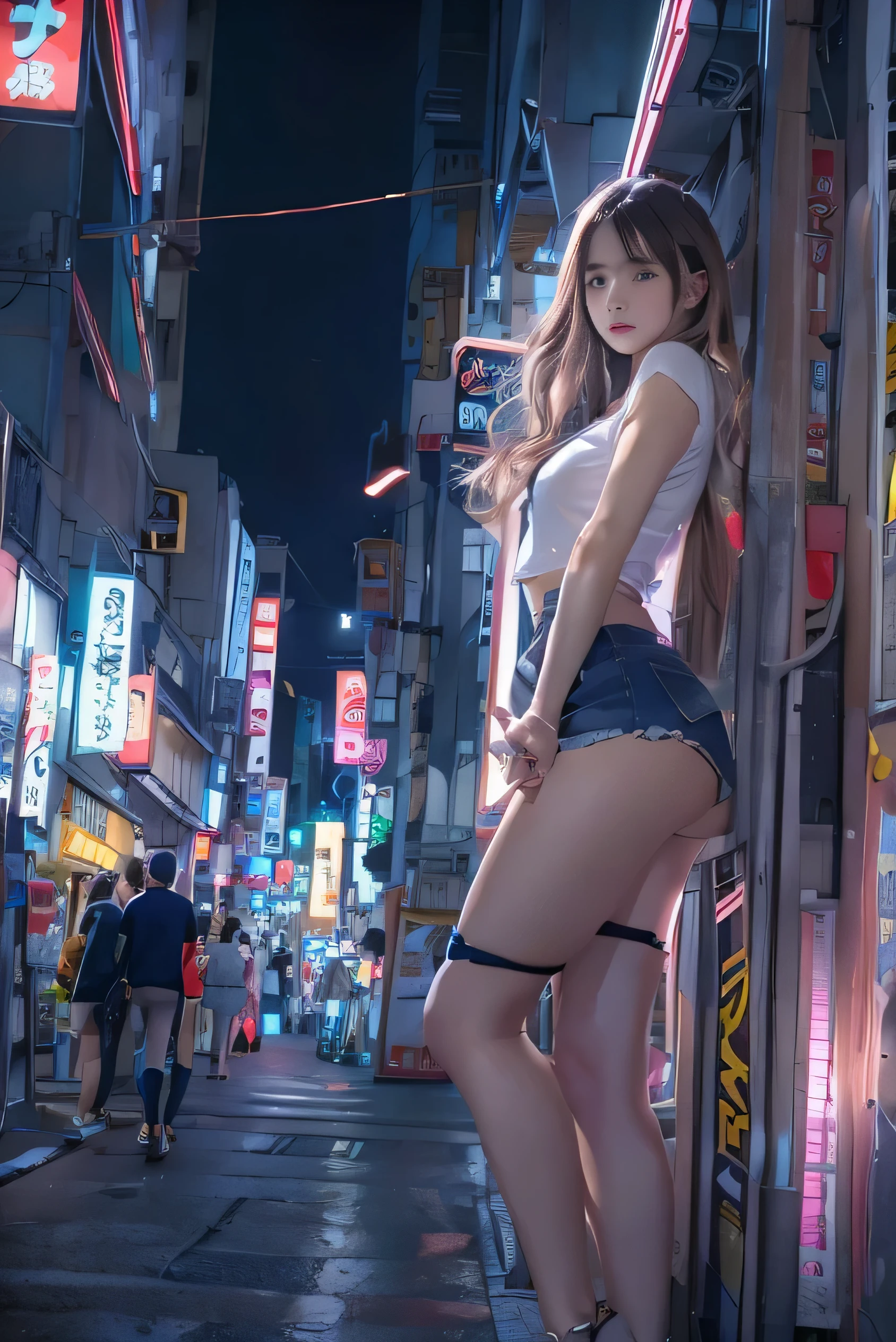NSFW、1 girl、street in tokyo、cityscape、downtown at night、neon、The signboard is dazzling、Upper body、Close-up、smile、、(8K、Raw photo、highest quality、masterpiece:1.2)、(real、フォトreal:1.37)、High definition eyelash drawing、(((Highest image quality)))、big breasts、slender。fine skin、(beautiful hair)、(perfect anatomy)、(real)、sensual look、highest quality、High resolution、(((full bodied lesbian)))、Denim Tight Shorts、Short T-shirt with stomach visible、(high heels)