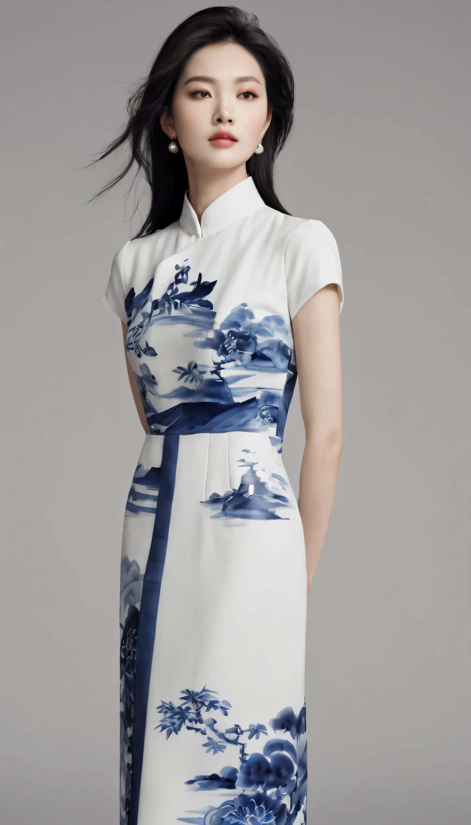 Take advantage of this glamorous tip for a fashion show featuring beautiful female models,Indulge in the beauty of timeless porcelain, Wearing high-end tailoring,Inspired by the elegance and art of blue and white porcelain. The composition shows off the model’s elegance and sophistication, Porcelain complexion and flowing hair echo the delicate patterns on the clothes. Use complex patterns, delicate brushstrokes, color palette evokes the charm of traditional porcelain, Create a visual masterpiece that seamlessly blends fashion and art. Directed by famous fashion photographer Peter Lindbergh.