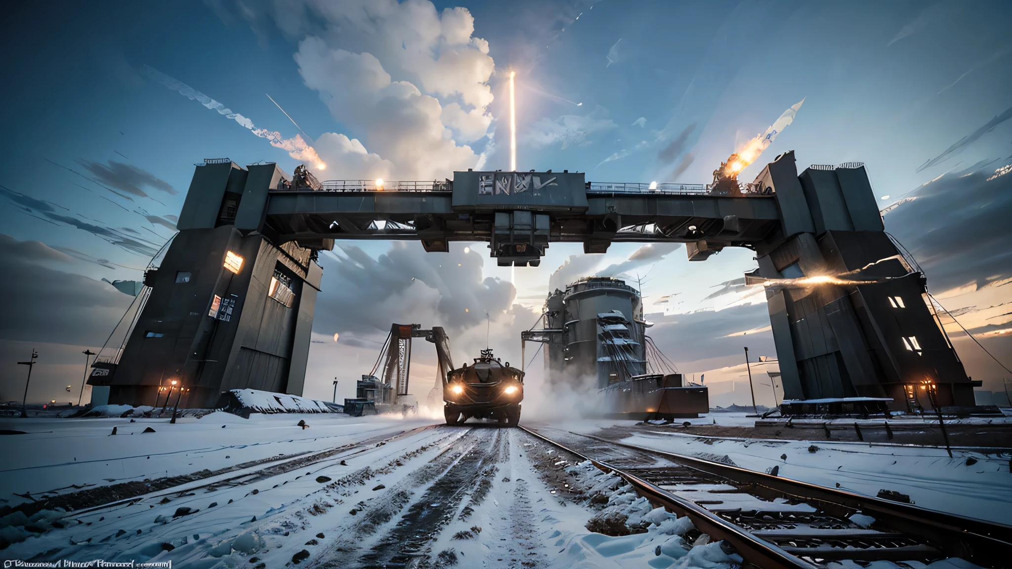 The clash between man and mutant continues on the frozen tundra, with a giant super-massive railway double gantry crane as the epicenter of the battle. Soviet soldiers, experienced and fearless, use the mechanisms and design of the crane to your advantage, fighting giant spiders. The scene is both chaotic and mesmerizing.., the frozen landscape adds a sense of isolation and danger.