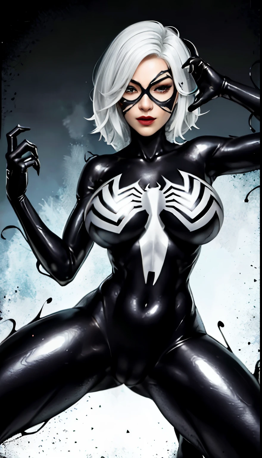 4K,realisticlying,Glamorous,The very detailed,There a girl in Dingcheng,White hair,Wearing a black Spider-Man costume,(Black and white:1.4) the night,symbiote,venomize,a large amount of mucus,she a spiderman,Black superhero theme,In front of the sky,Flushed complexion,( Open legs, camel-toe,, Vulvar shape:1.3),(GGCameltoe:1.3)Legs apart,25 age old,full bodyesbian