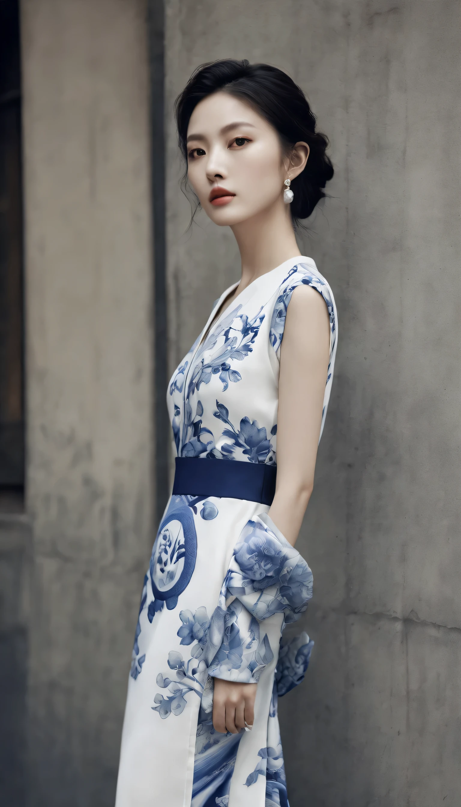 Take advantage of this glamorous tip for a fashion show featuring beautiful female models,Indulge in the beauty of timeless porcelain, Wearing high-end tailoring,Inspired by the elegance and art of blue and white porcelain. The composition shows off the model’s elegance and sophistication, Porcelain complexion and flowing hair echo the delicate patterns on the clothes. Use complex patterns, delicate brushstrokes, color palette evokes the charm of traditional porcelain, Create a visual masterpiece that seamlessly blends fashion and art. Directed by famous fashion photographer Peter Lindbergh.