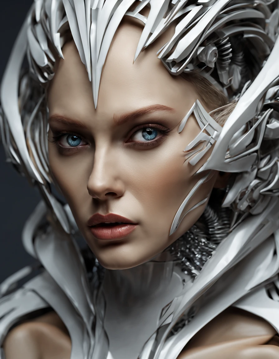 Complex 3d rendering super detailed beautiful robot angel, simulated 150mm lens, beautiful natural soft edge light, Neon glow, large leaves and stems, bees, roots, fine leaf lace, colorful details, Boris Bidjan Saberi clothing, pearl earrings, piercings, Art Nouveau fashion embroidery, intricate details, mesh lines, mandelbro fractals, facial muscles, cables, microchips, surreal, ultra-detailed, octane rendering, volumetric lighting, 8k post