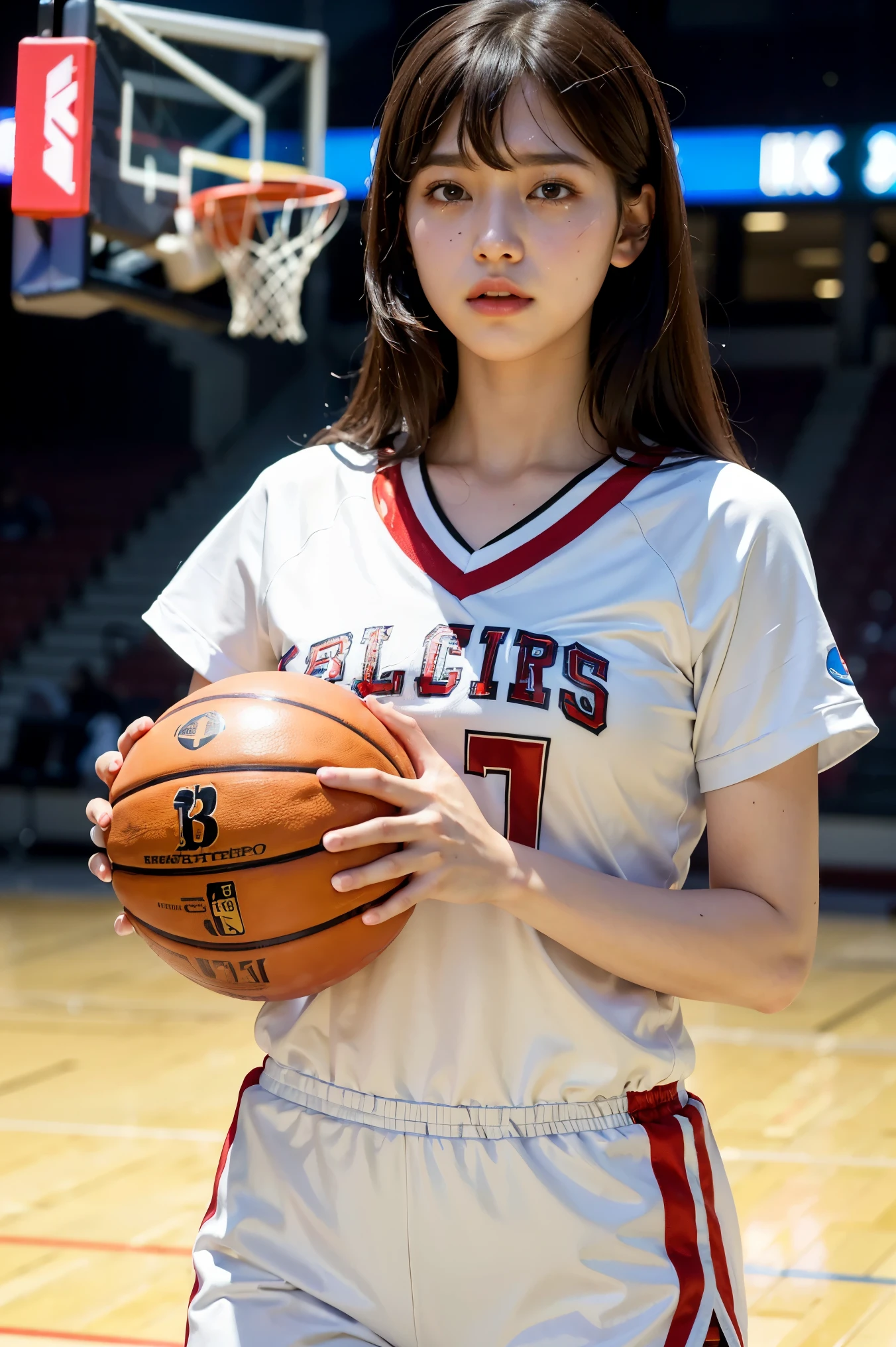 (8K, highest quality, masterpiece:1.2), (realistic, photo-realistic:1.37), super detailed,highest quality, ultra high resolution, professional lighting, There is a crying spot under my right eye.、photon mapping, radio city, Physically based rendering, cinematic lighting, basketball court,Depth of bounds written, sharp focus,sunbeam, 、good composition,(Bokeh:1.2) 1 girl,alone,(whole body), (closed mouth), fine eyes, Pause, tight waist,Basketball Uniform, dark brown hair,long hair fluttering in the wind,(Ulzzang-6500:1.2), mix 4, hiqcgbody