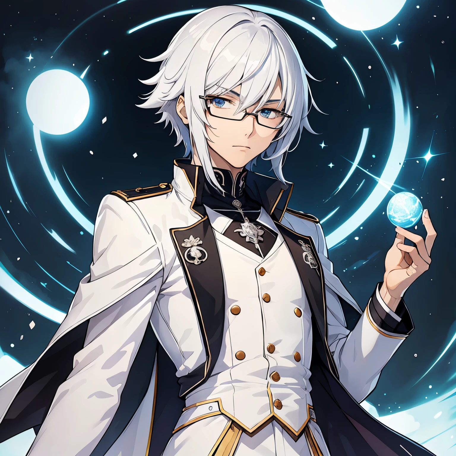 (Kunstwerk), Man in white uniform, Exceptional quality, detaillierte japanische Anime-Illustration, elegante Optik, Zeichnen im Anime-Stil, futuristisch, silber-graues Haar, leuchtende graue Augen mit bernsteinfarbenen Tupfen, white coat, Pistole, Sturm, Blitze, farbenfrohe und animierte Charaktere.