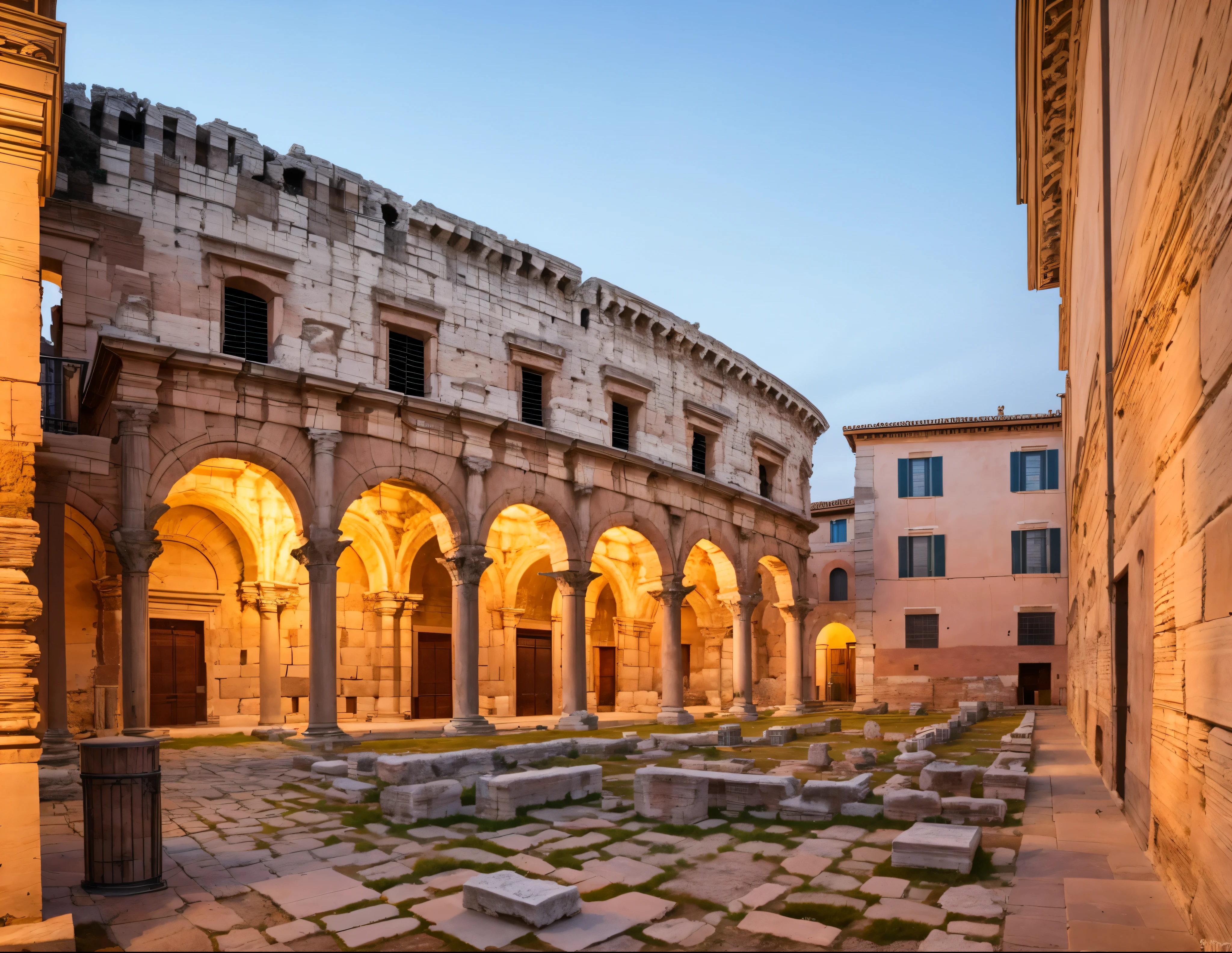 courtyard ancient roman, colosseum style, a wide open courtyard, italian masterpiece, italian ancient roman architecture, at twilight, hyper detailed, realistic, with roman ruins, (stone buildings: 1.3)