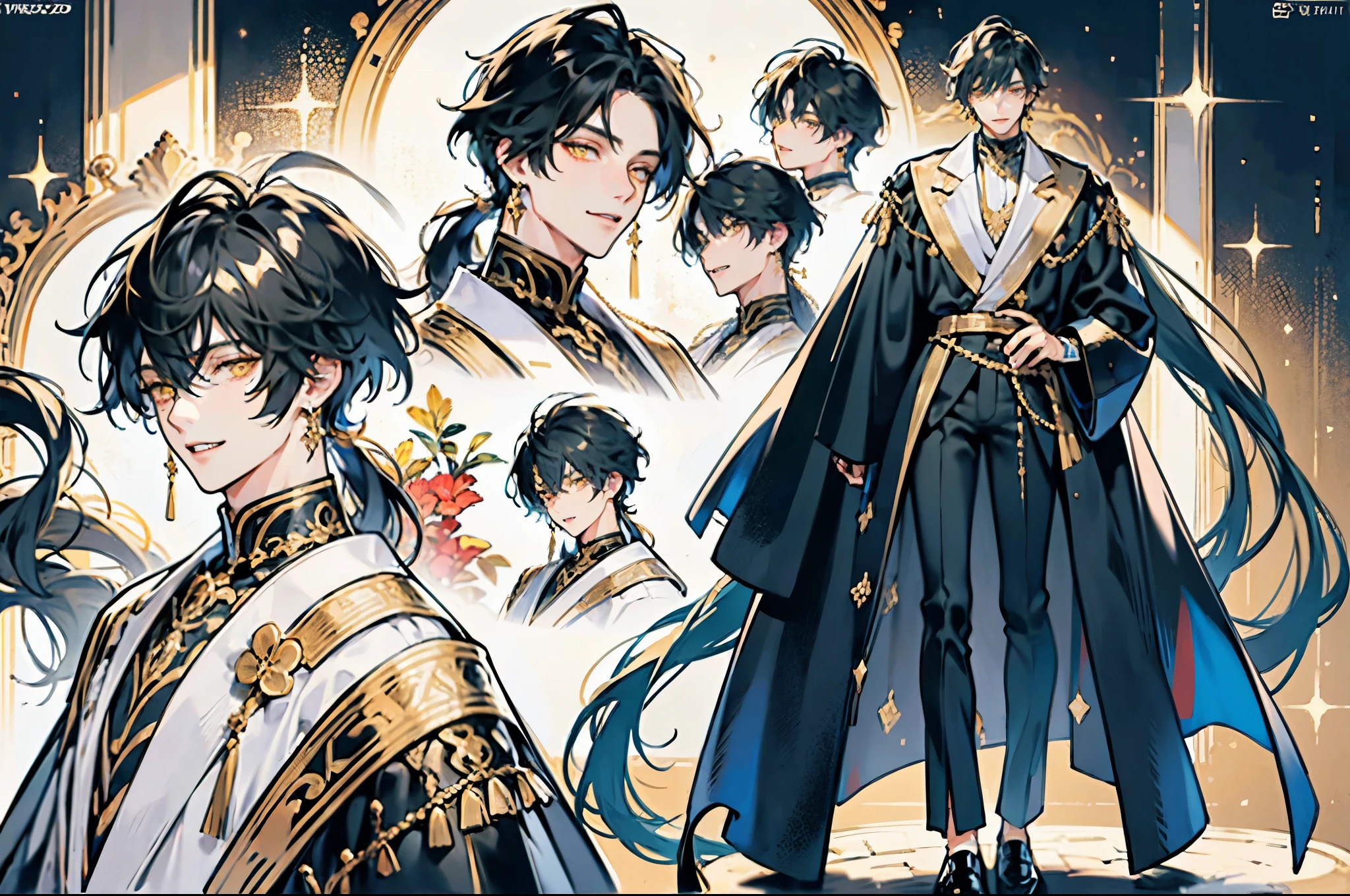 Character OC design, the same person multi-angle painting, multi-angle painting, the theme color is violet, the best picture quality, boy, tall and thin, long legs, handsome, white skin, clothes in white and black colors, gold embroidery on trousers, crystal earrings long earrings, short hair, hair pulled into a small ponytail, thoughtful, intellectual, handsome, detailed face, beautiful eyes, beautiful lips, yellow eyes, detailed clothes, many small details, smiles, sharp teeth, the background is pure white, simple background, bright colors, bright eyes, men's black patent leather shoes, gold cufflinks, thin gold chains on trousers,detailed face, super detailed face, high quality, extremely detailed, (Male characters:1.2),(Boy:1.2), ((Character design)),(Different expressions for the same character:0.8),Pubic area is clear,hyper HD, Exquisite