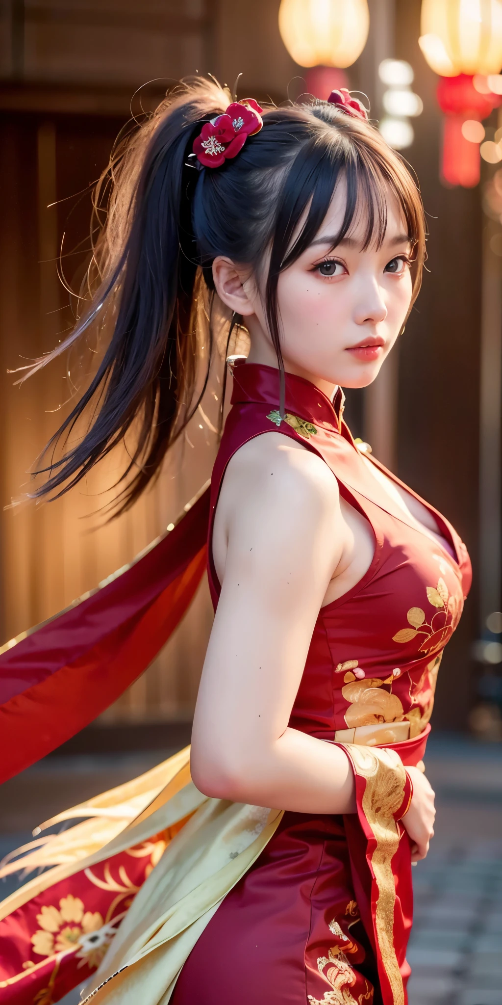 A Russian beauty, frontal portrait, wearing Chinese Hanfu, with dragons and lanterns in the background, fireworks and firecrackers, a strong Chinese New Year atmosphere (best quality, 4k, 8k, high resolution, masterpiece: 1.2), ultra detailed, (realistic, photorealistic, photorealistic: 1.37), Mysterious
