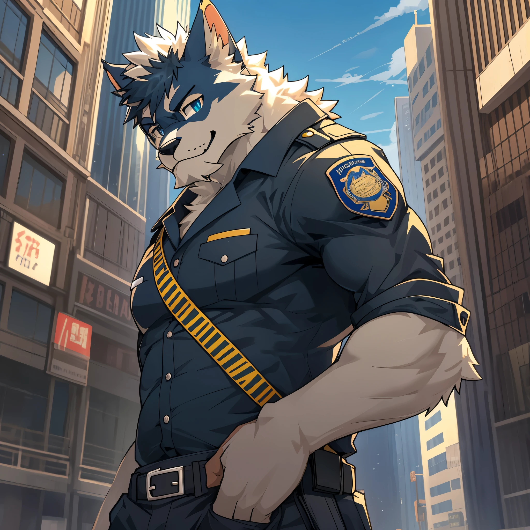 top quality, best quality, super high resolution, detailed background(highly detailed beautiful face and eyes)absurdres, perfect anatomy(angelic nice 2boy, kemono, muscle man)(furry)(furry anthro:1.7)(Furry body, dog facial features, dog body features)(very detailed body fur)full body(dignified, Embarrassing)police officer, street, muscle, facial hair, volumetric lighting, half undressh, black clothes, (black police uniform shirt)street, facial hair, volumetric lighting, from below,