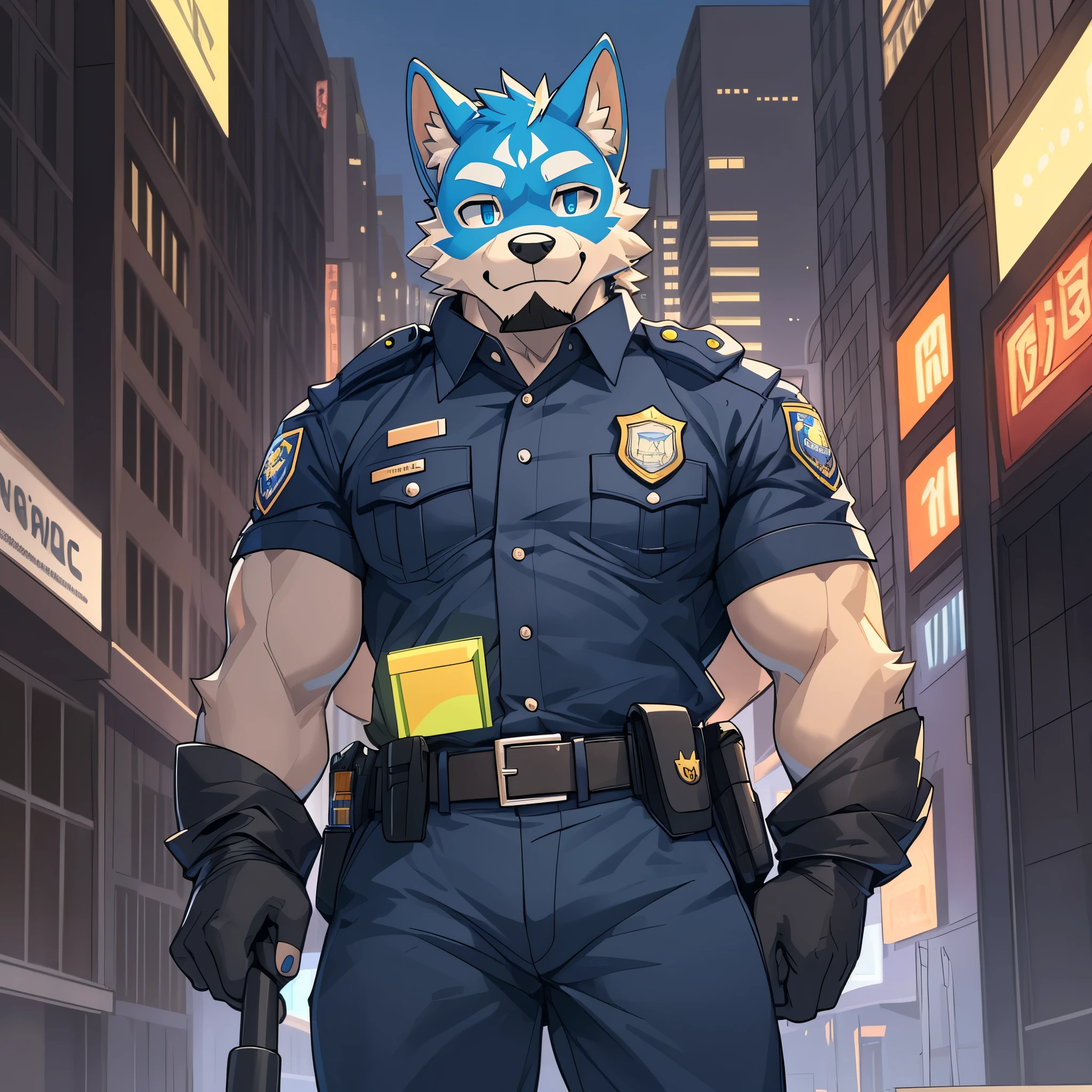 Top quality, best quality, super high resolution, detailed background (highly detailed beautiful face and eyes) absurd, perfect anatomy ((angelic good 1 boy, special forces costume, single focus, muscle man, beard)) (((furry))) (furry human: 1.7) ((furry body, dog facial features, dog physical features))) (very detailed body fur)) full body (dignity) police, SWAT, street, muscles, facial hair, volumetric lighting, depth of field, Panting, raised crotch, black clothes, ((black police uniform)) shirts, guns