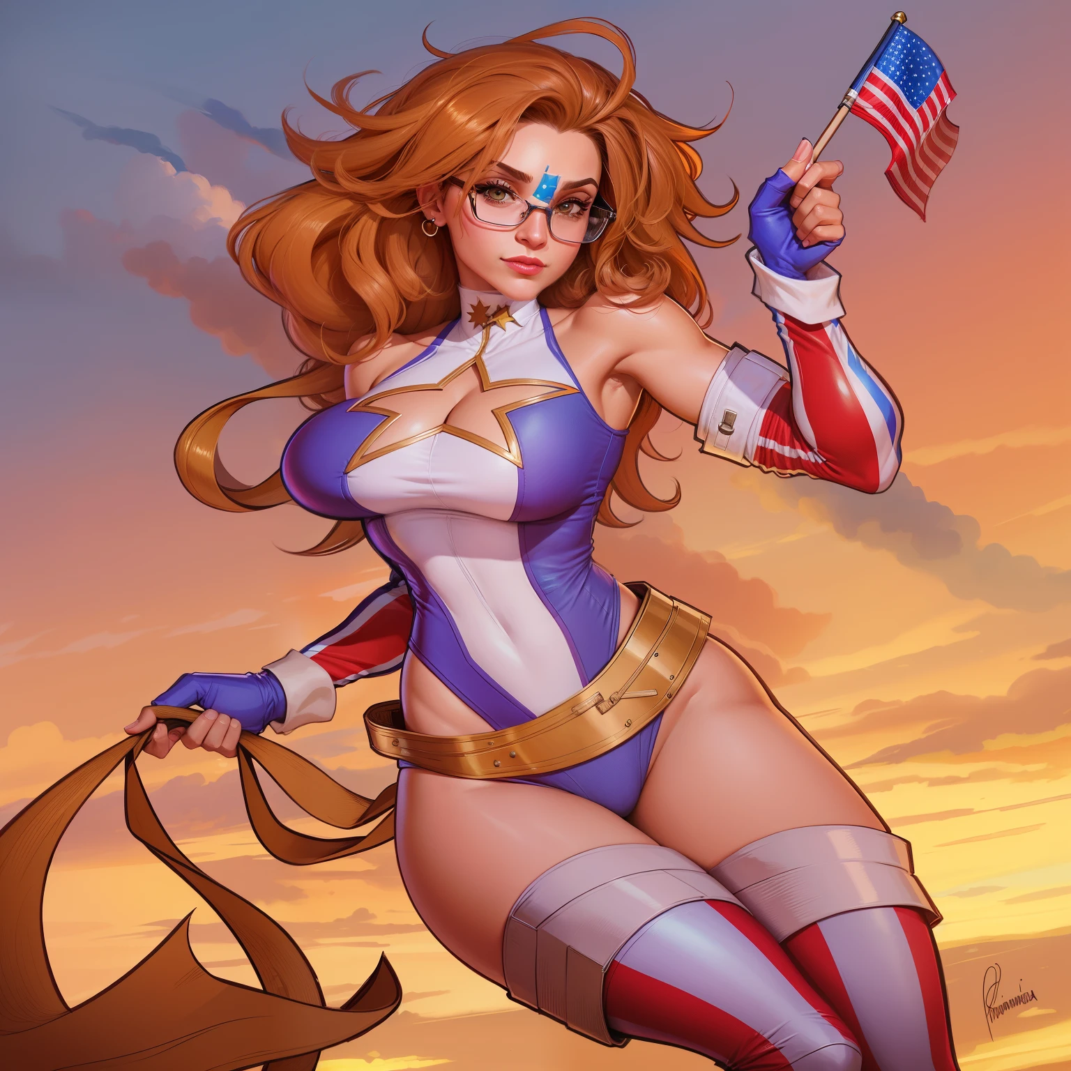 una caricatura de una mujer disfrazada sosteniendo una bandera, oc commission, commission for high res, por Randy Vargas, por Eddie Mendoza, extremely detailed artistic germ, commission for, patriotic!, full color digital illustration, Estilo Ivan Talavera y Artgerm, Dibujado en el estilo de Artgerm, fullbody commission for, puerto rican super hero