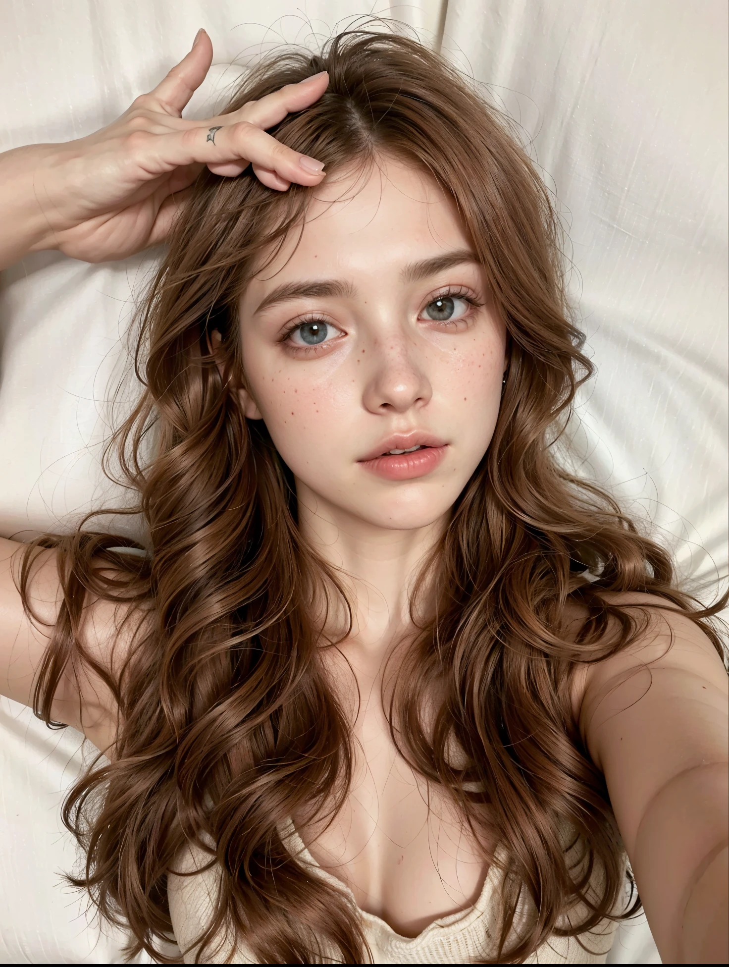 mulher deitada em uma cama com os olhos fechados, soft and flawless pale skin, pale and glowing skin, natural soft pale skin, freckled pale skin, with pale skin, sardas suaves, ginger hair com sardas, sardas fofas, smooth, pale skin, com sardas, light sardas fofas, soft pale white skin, cabelos ruivos e sardas, skin pale as ivory, ivory pale skin