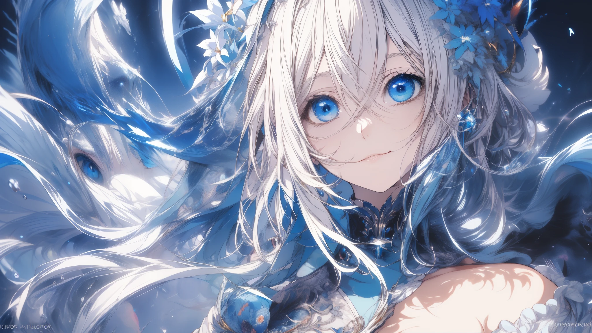 Chica anime con cabello blanco y ojos azules con un vestido azul., detailed arte animado digital, arte de anime detallado, arte de anime detalladowork, estilo anime 4k, retrato, caballeros del zodiaco, , deidad de pelo blanco, arte detallado del personaje de anime, Fondo de pantalla de arte anime 4K, Fondo de pantalla de arte anime 4k, retrato detallado de chica anime, arte animado digital, arte de anime clave detallado