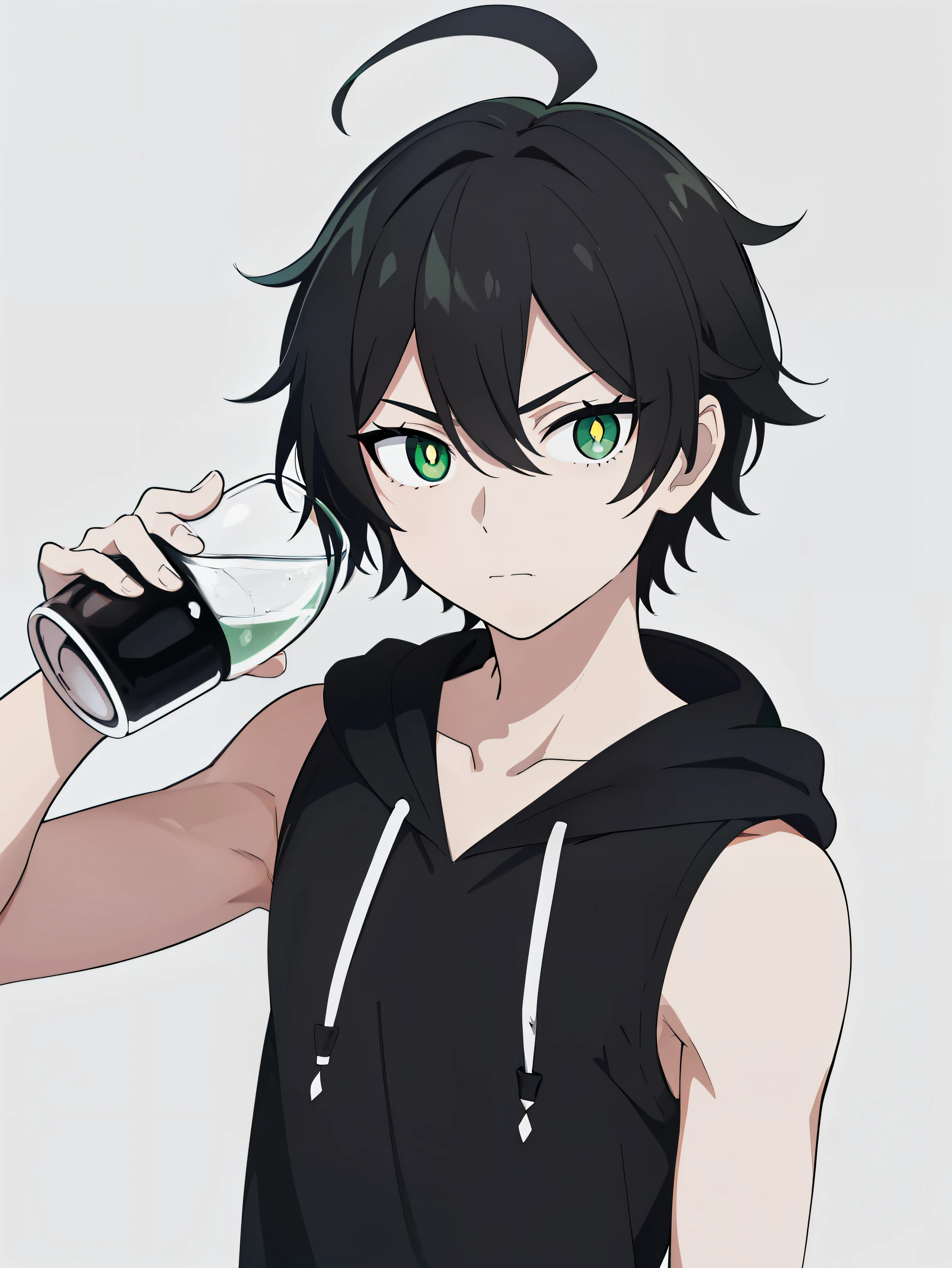 highres, monochrome,tcoaal, solo, looking at viewer, short hair, shirt, 1boy, Andy graves, hair between eyes, closed mouth,black hair, green eyes, Body, ahoge, Sleeveless hoodie, male focus, Swest, Drink, Simple background, messy hair, bright pupils, outline, white pupils, white outline,