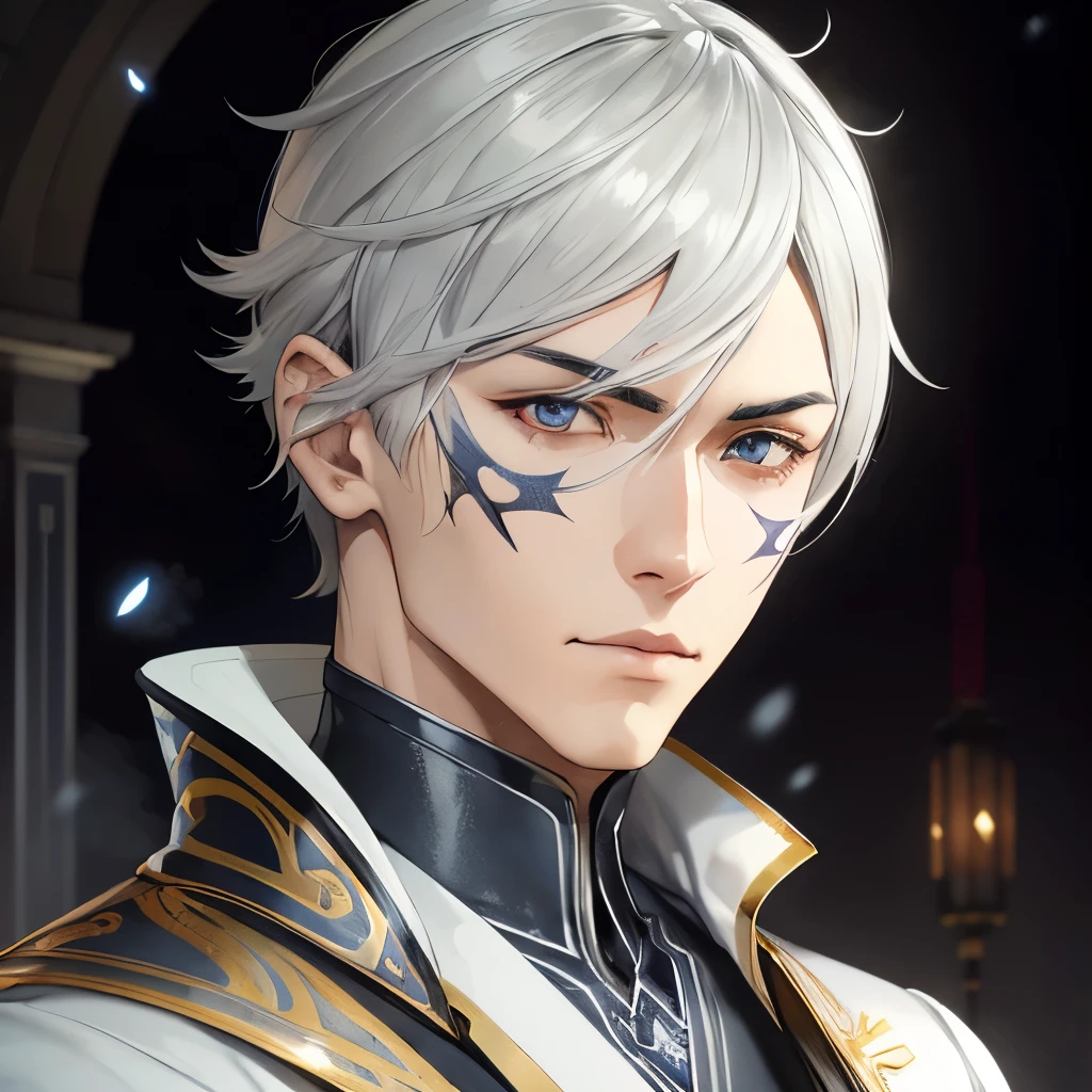(Kunstwerk), Man in white uniform, Exceptional quality, detaillierte japanische Anime-Illustration, elegante Optik, Zeichnen im Anime-Stil, futuristisch, silber-graues Haar, leuchtende graue Augen mit bernsteinfarbenen Tupfen, white coat, Pistole, Sturm, Blitze, farbenfrohe und animierte Charaktere.