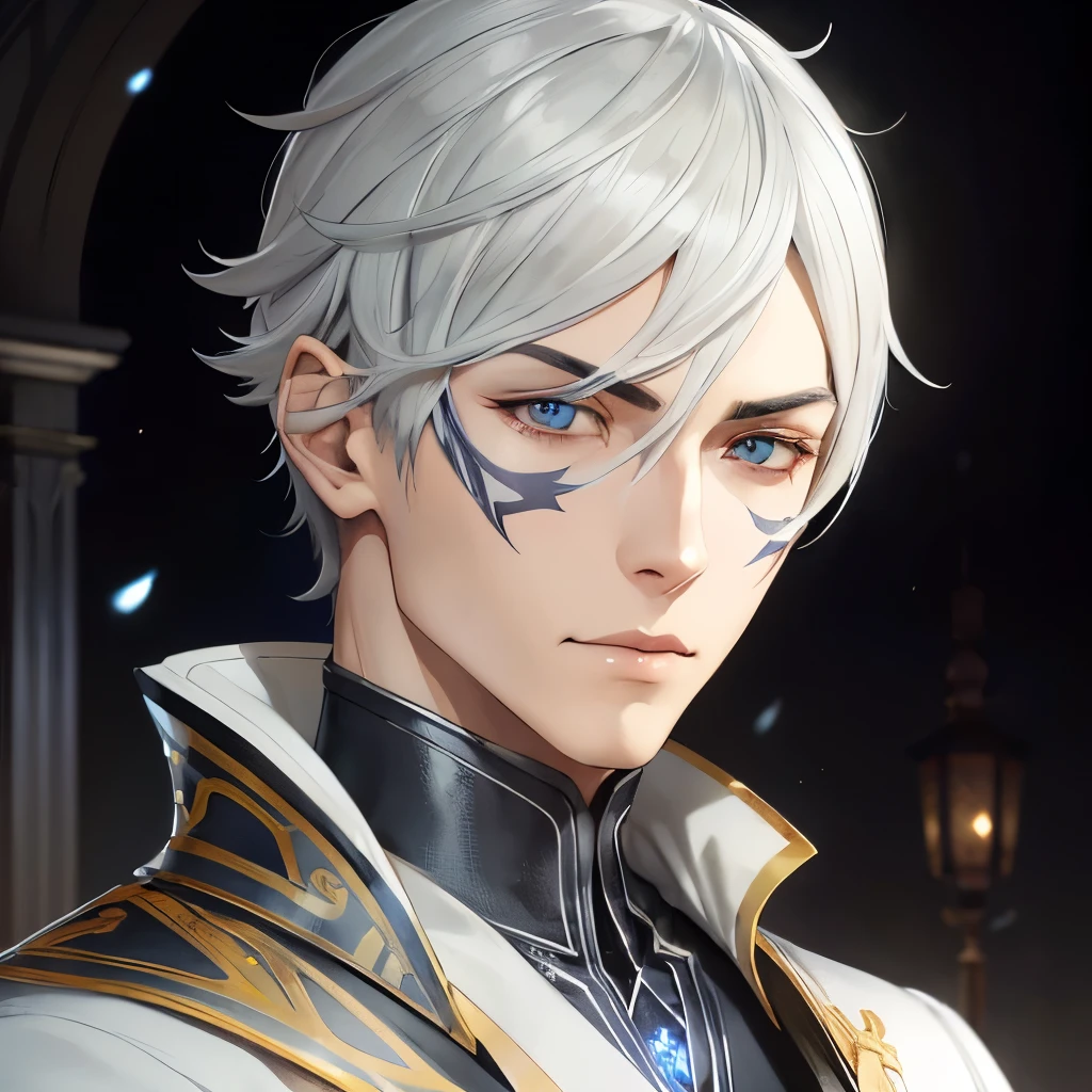(Kunstwerk), Man in white uniform, Exceptional quality, detaillierte japanische Anime-Illustration, elegante Optik, Zeichnen im Anime-Stil, futuristisch, silber-graues Haar, leuchtende graue Augen mit bernsteinfarbenen Tupfen, white coat, Pistole, Sturm, Blitze, farbenfrohe und animierte Charaktere.