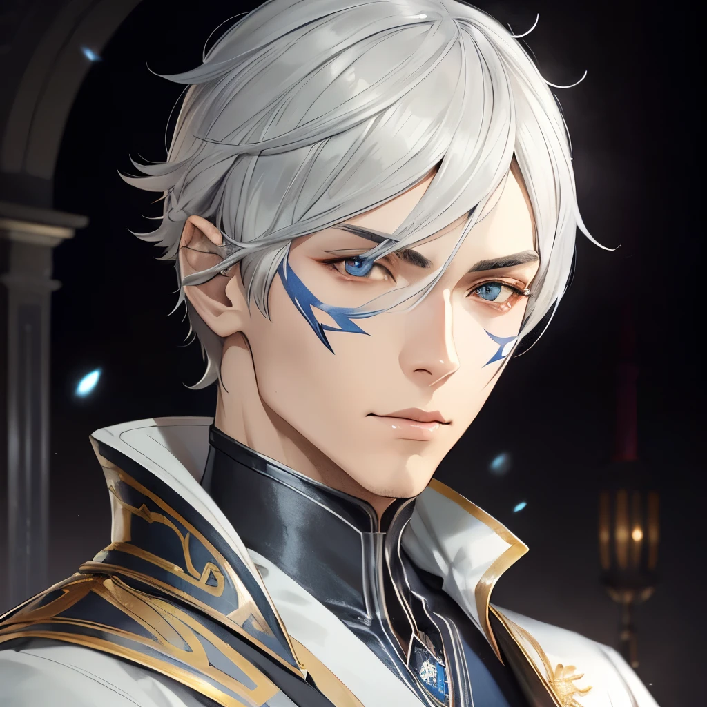 (Kunstwerk), Man in white uniform, Exceptional quality, detaillierte japanische Anime-Illustration, elegante Optik, Zeichnen im Anime-Stil, futuristisch, silber-graues Haar, leuchtende graue Augen mit bernsteinfarbenen Tupfen, white coat, Pistole, Sturm, Blitze, farbenfrohe und animierte Charaktere.