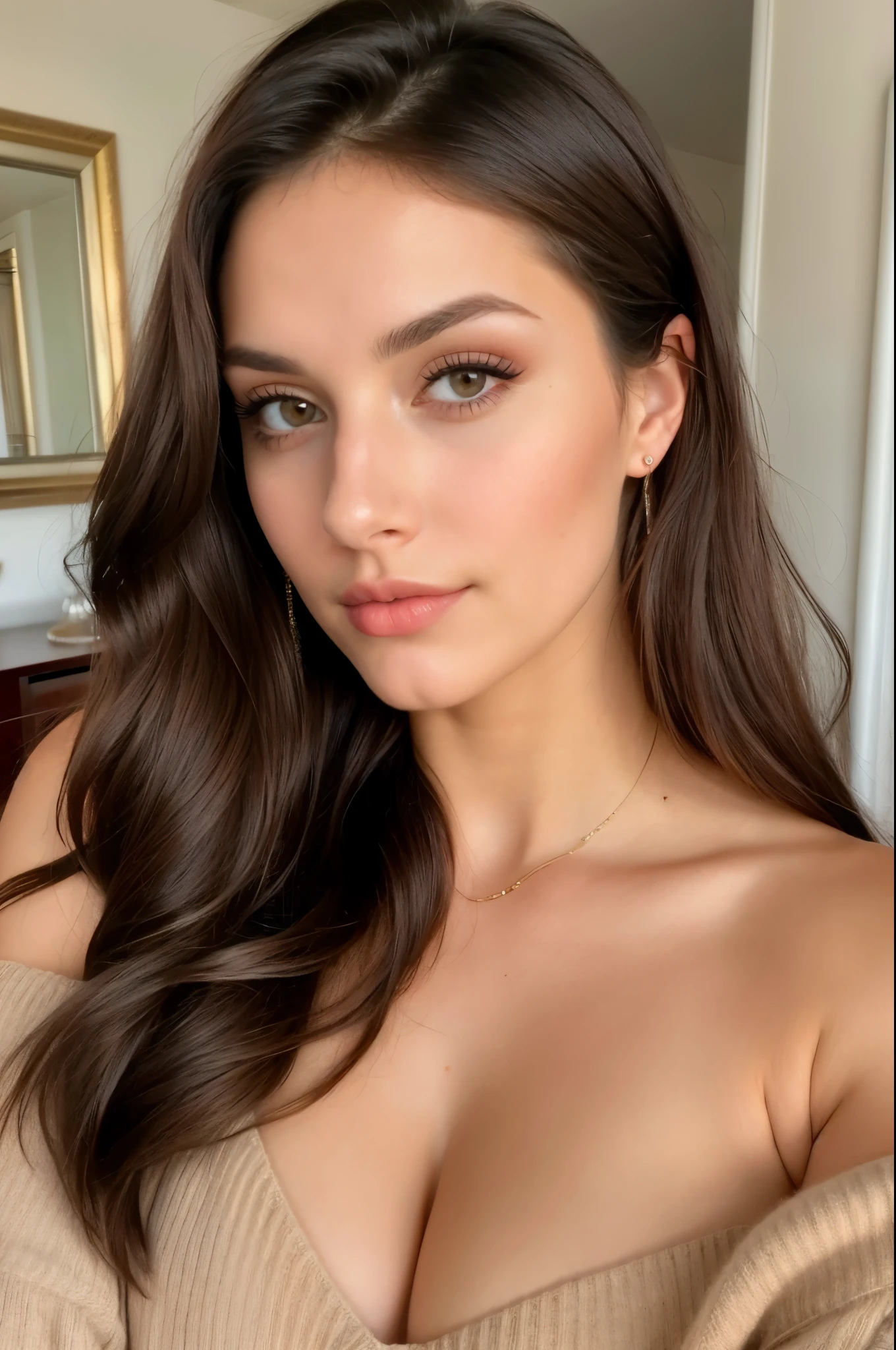 Photo of a beautiful brunette woman, model face, (light brown hair), (clear brown eyes), defined waist, (defined lips), fine nose, (attractive eyes), smoothened complexion, delicate skin, super realistic, hyper realistic.
((Portrait)), ((Detailed face:1.2)), ((Detailed facial features)),
This portrait captures every detail of her face, showcasing her clear brown eyes that sparkle with life, her fine nose, and her defined lips that form a gentle smile. Her complexion is smooth, and her delicate skin glows under the cinematic lighting.
((cold color)), moist, humid,
The bedroom environment