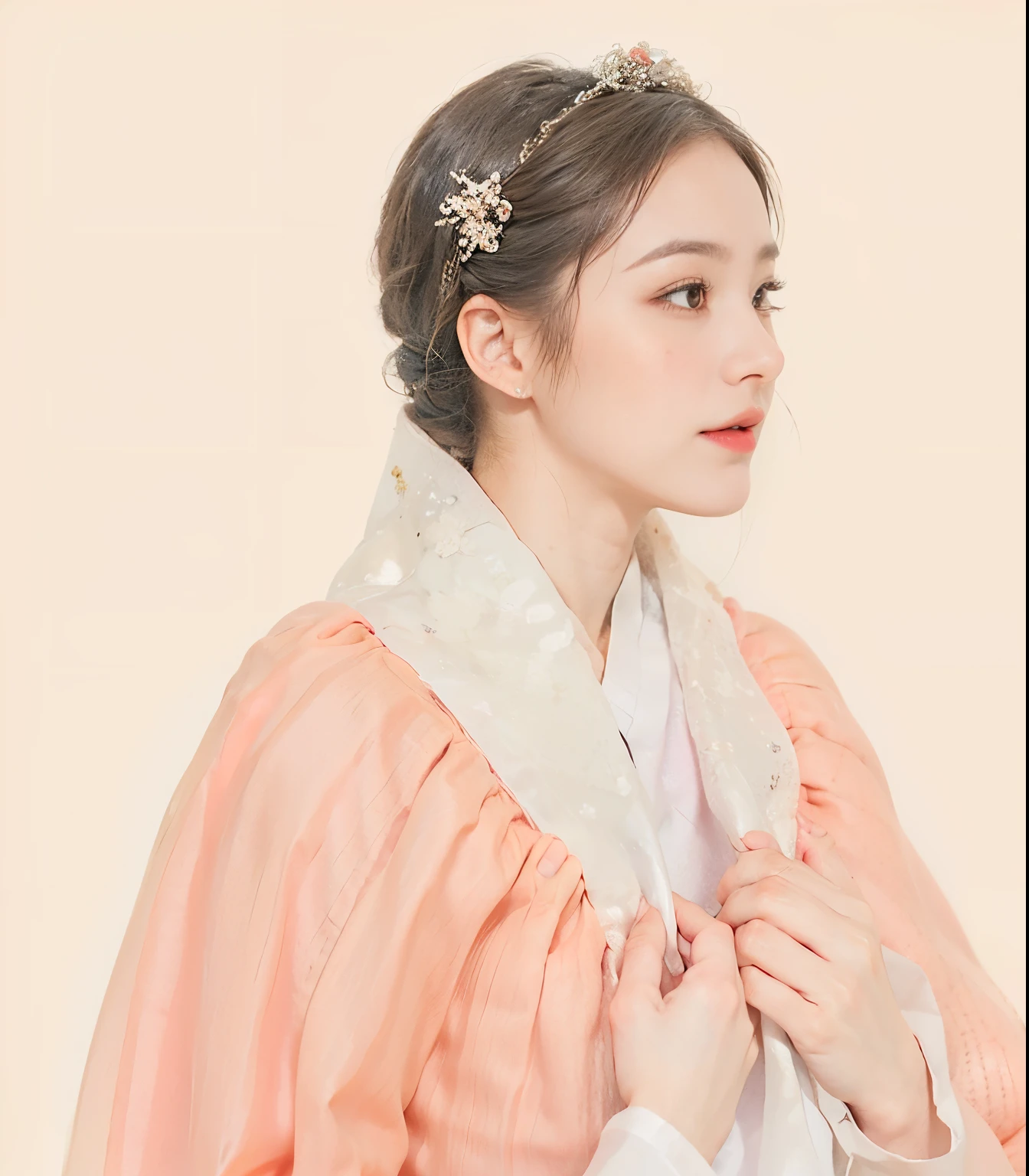 1 woman, deep eyes, (black eye:1.2), (Eyelash removal: 1.3), Detailed shoulder hairs, (dark brown hair:1.1), (very realistic:1.2), (close-up photo:0.8), (complicated:1.2), (looking at camera:1.2), (White Hanbok: 0.8), laugh, realistic face, perfectly balanced face, natural makeup, my face shines, sharp focus, Wooden Door Background, hairpin, profile, looking at viewer, (empty-handed: 1.3), white top, Navy blue skirt,  braid, upright torso, Purple color,