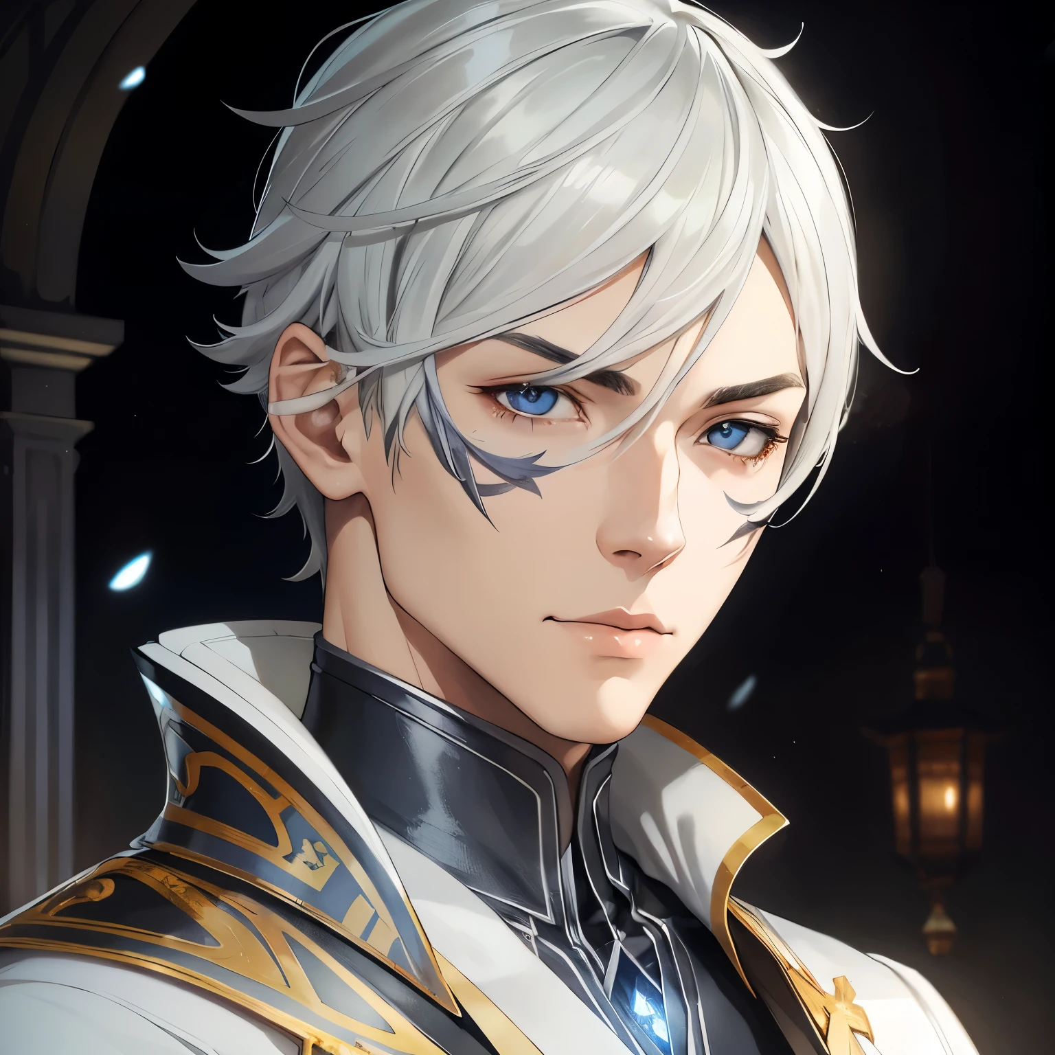 (Kunstwerk), Man in white uniform, Exceptional quality, detaillierte japanische Anime-Illustration, elegante Optik, Zeichnen im Anime-Stil, futuristisch, silber-graues Haar, leuchtend graue Augen mit bernsteinfarbenen Tupfen, white coat, Pistole, Sturm, Blitze, farbenfrohe und animierte Charaktere, bernsteinfarben leuchtende Augen.