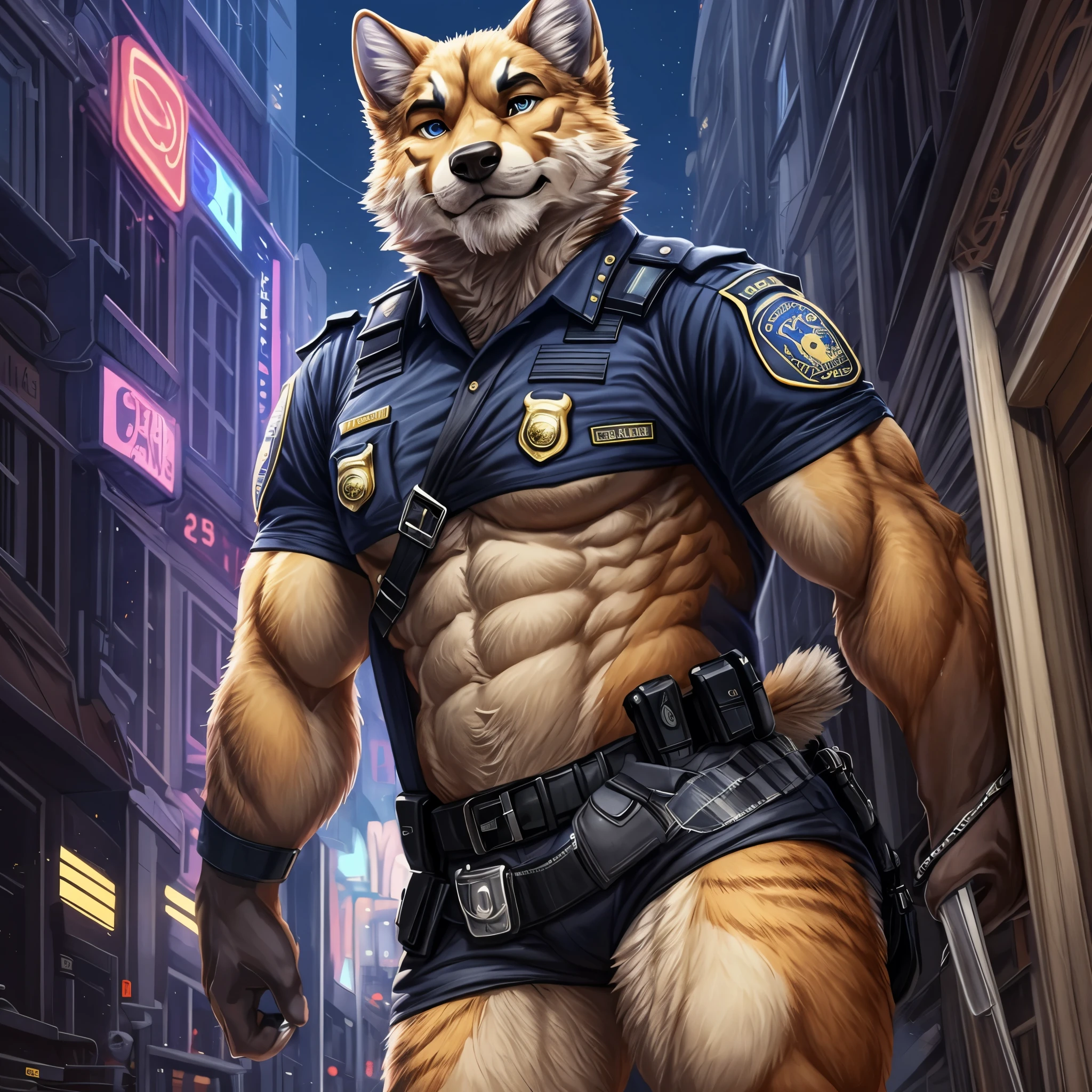 top quality, best quality, super high resolution, detailed background(highly detailed beautiful face and eyes)absurdres, perfect anatomy(angelic nice 2boy, kemono, muscle man)(furry)(furry anthro:1.7)(Furry body, dog facial features, dog body features)(very detailed body fur)full body(dignified, Embarrassing)police officer, street, muscle, facial hair, volumetric lighting, half undressh, black clothes, (black police uniform shirt)street, facial hair, volumetric lighting, from below,