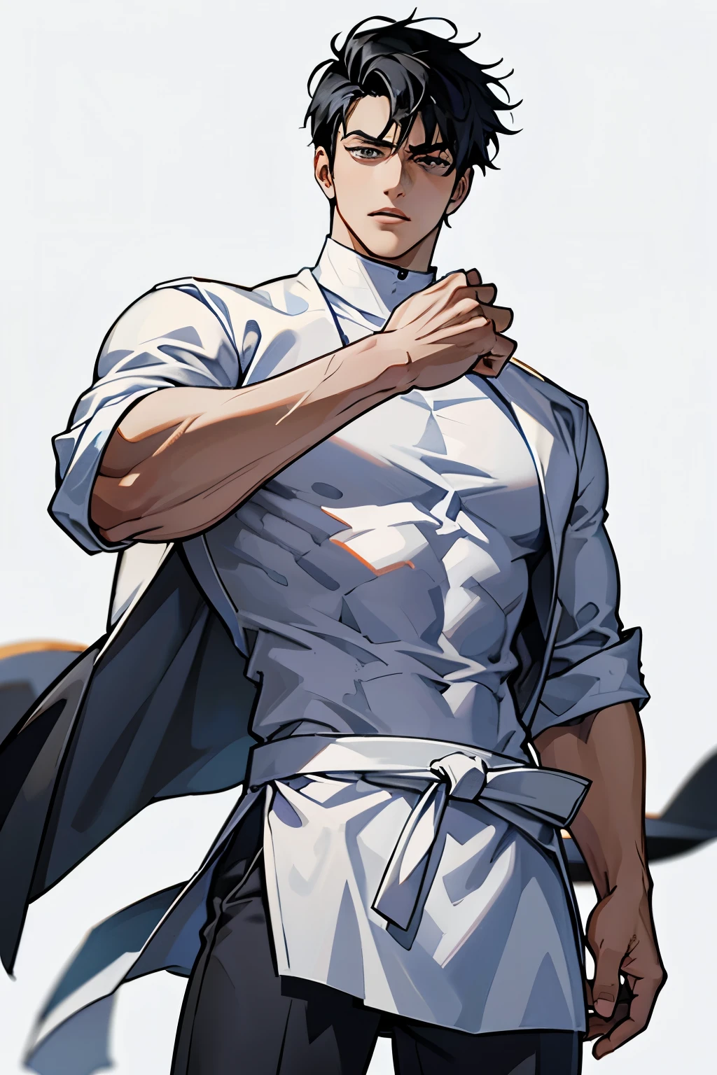 masterpiece, ultra detailed, 4K, 8K, 32K, intricate, (((1boy))), ((black hair)), ((no background)), white background, detailed eyes, white shirt and black pants, school uniform, handsome young man, 20 year old, (((same character))), dynamic pose, bokken, anatomically correct hands, holding bokken, average muscle mass, modern clothing, detailed clothes, (slender body), Hideaki Sorachi, Bleach, Tite Kubo, Kazuki Yone, (((stylish haircut)))