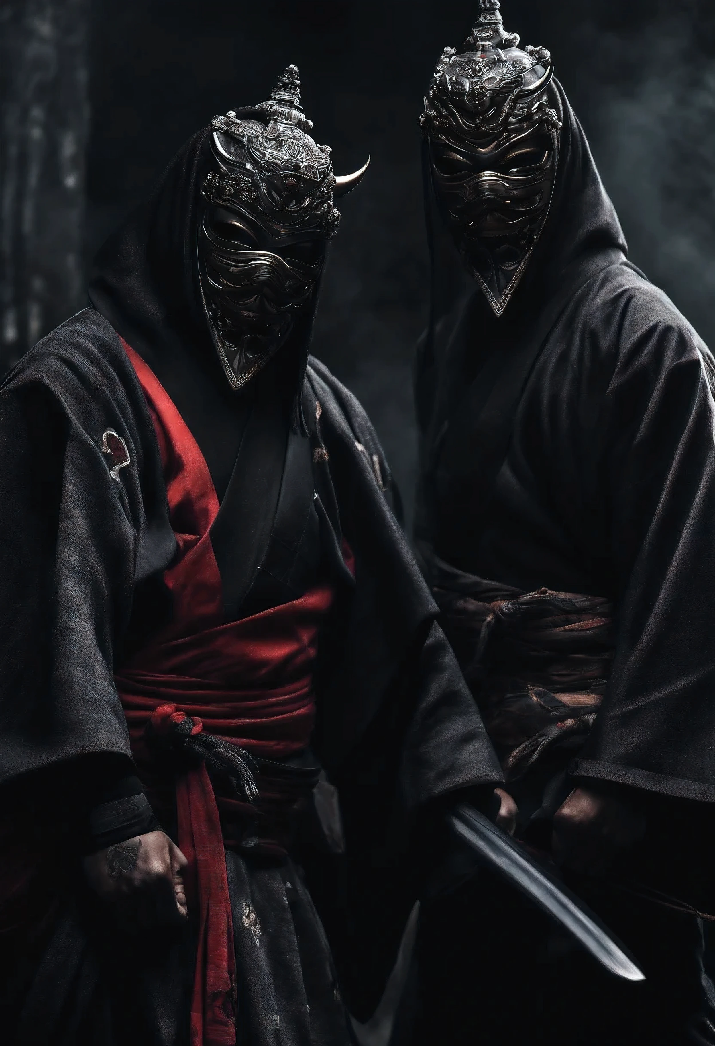 black and grey  ninja brothers with a Japanese oni mask, com uma roupa preta, menacingly